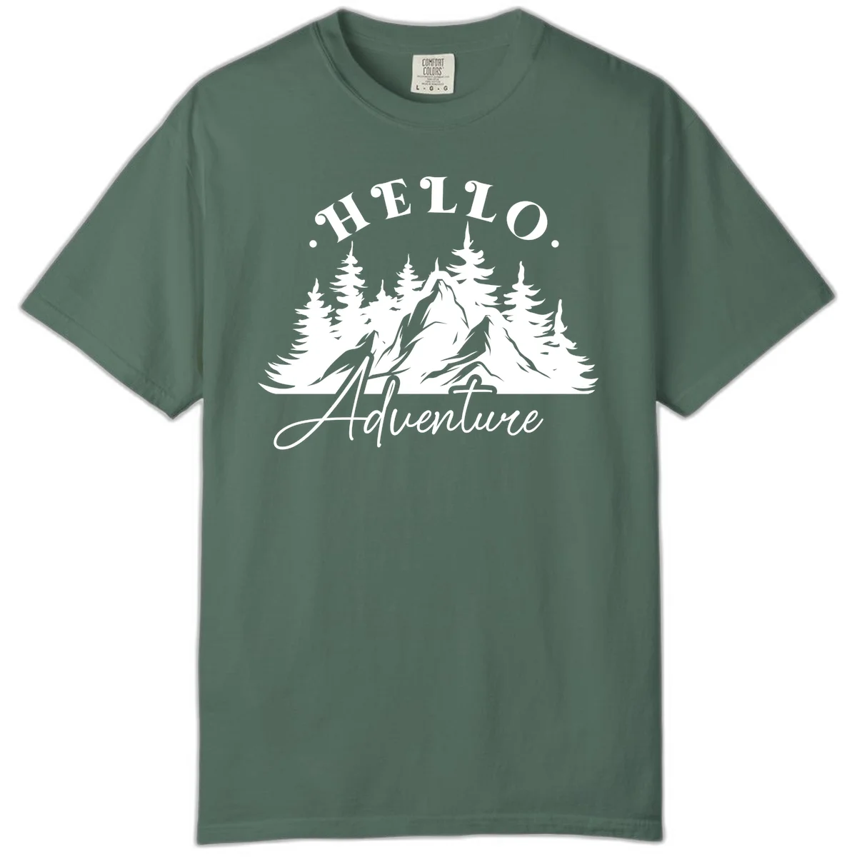 Hello adventure mountain design featuring snow-capped peak and evergreen forest silhouette in white and gray in Blue Spruce