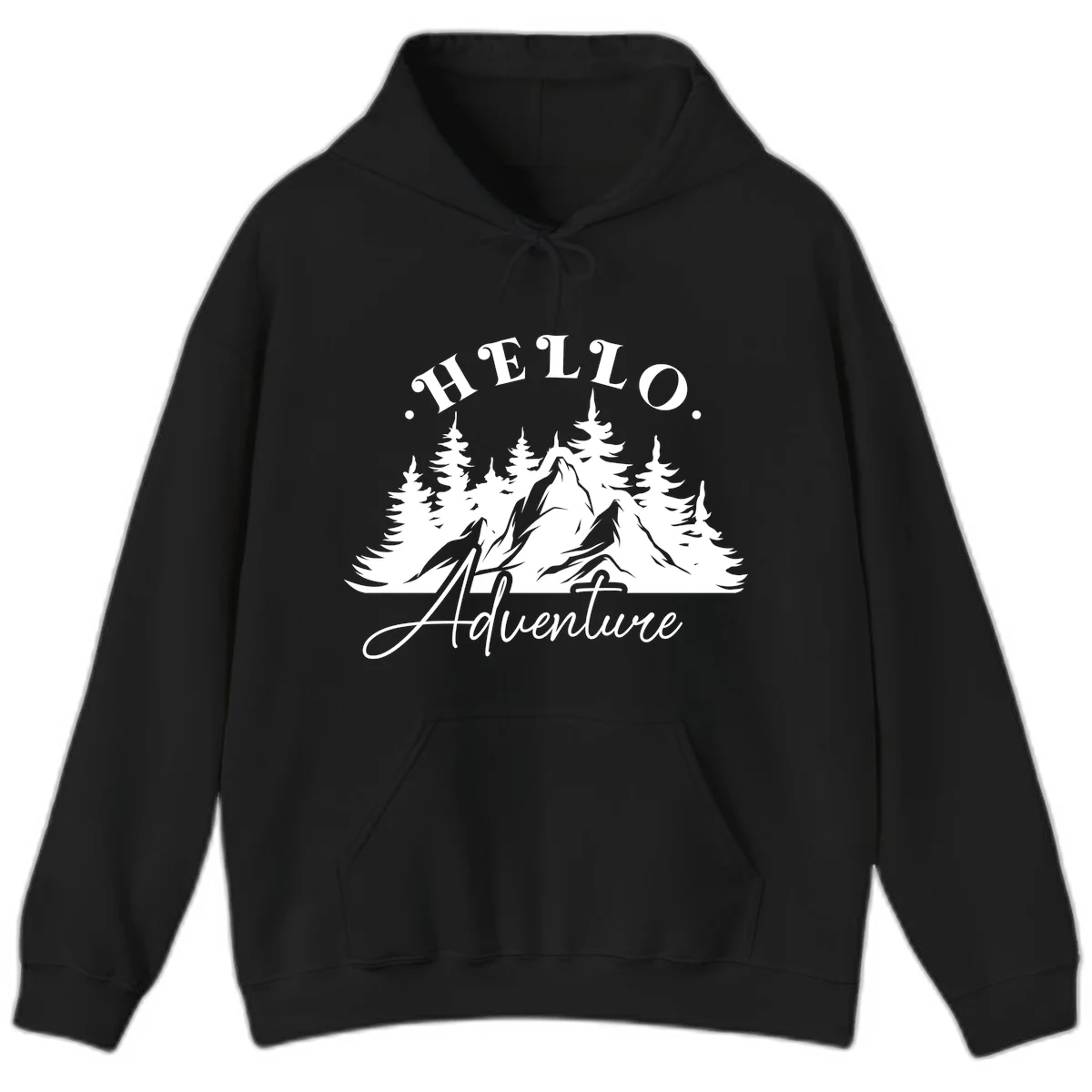 Hello adventure mountain design featuring snow-capped peak and evergreen forest silhouette in white and gray in Black