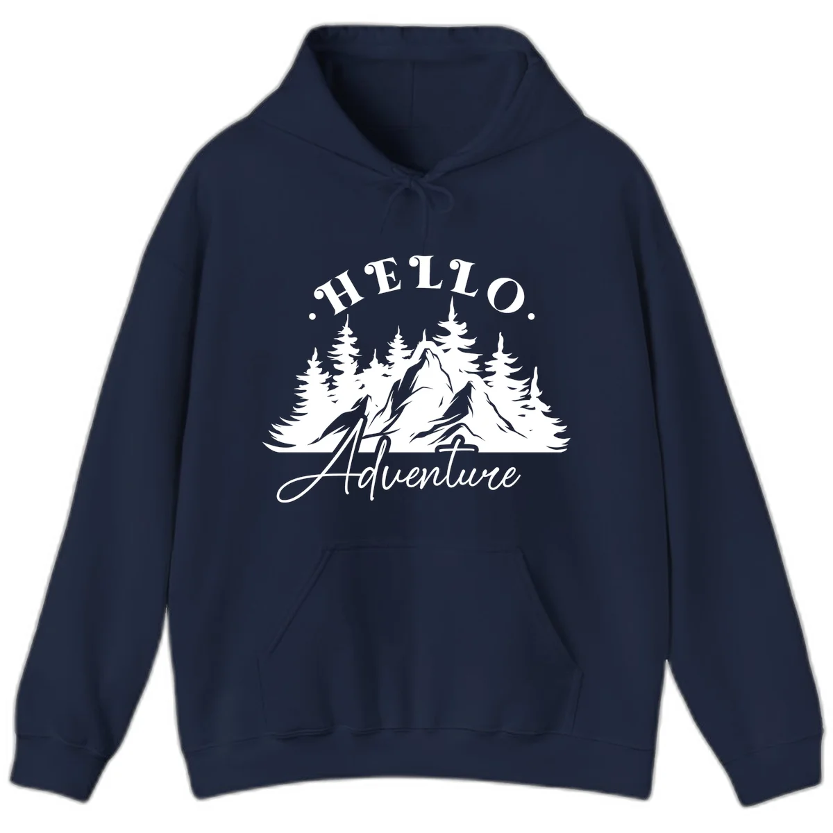 Hello adventure mountain design featuring snow-capped peak and evergreen forest silhouette in white and gray in Navy