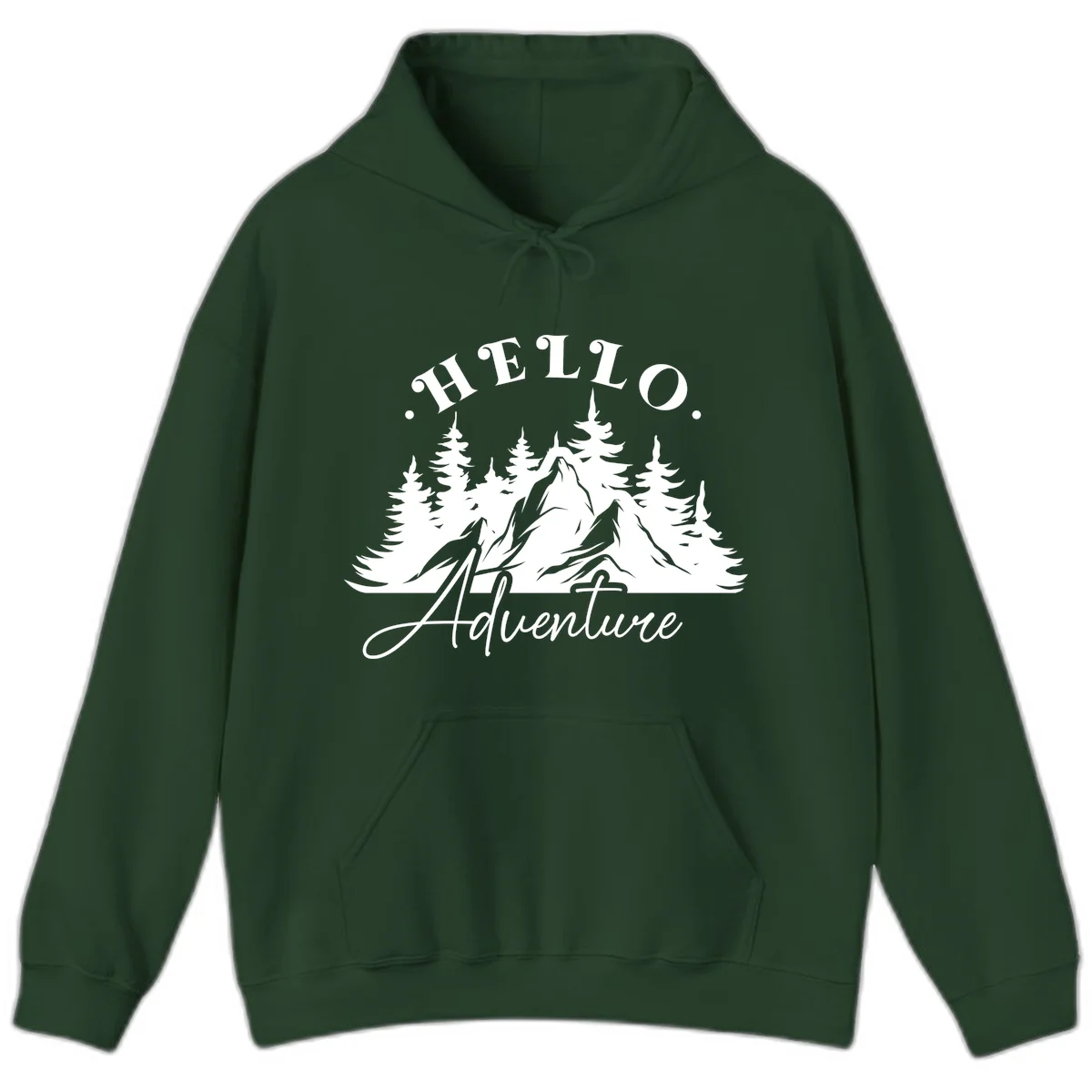 Hello adventure mountain design featuring snow-capped peak and evergreen forest silhouette in white and gray in Forest Green