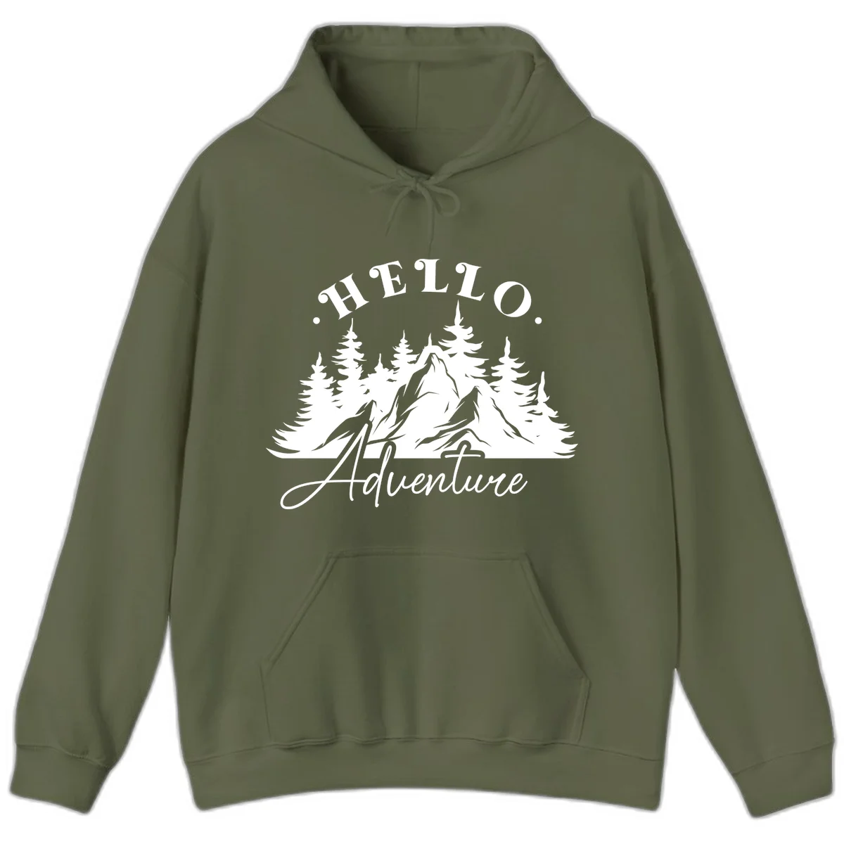 Hello adventure mountain design featuring snow-capped peak and evergreen forest silhouette in white and gray in Military Green