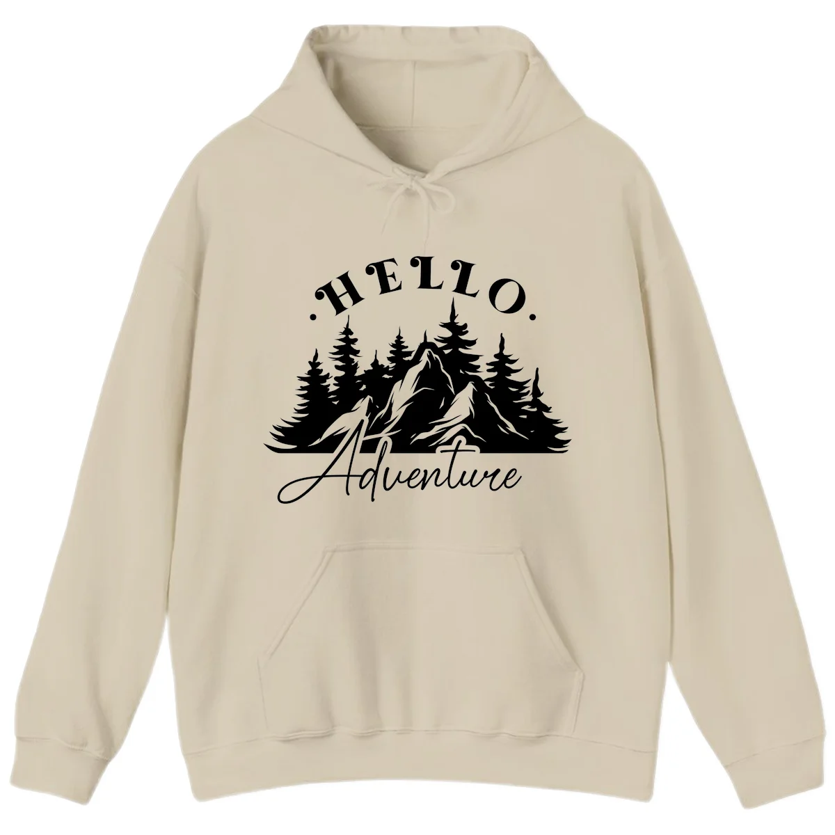 Hello adventure mountain design featuring snow-capped peak and evergreen forest silhouette in white and gray in Sand