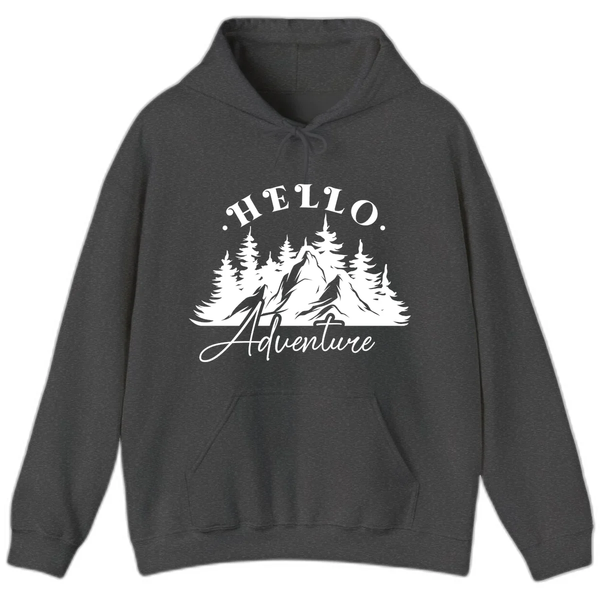 Hello adventure mountain design featuring snow-capped peak and evergreen forest silhouette in white and gray in Dark Heather
