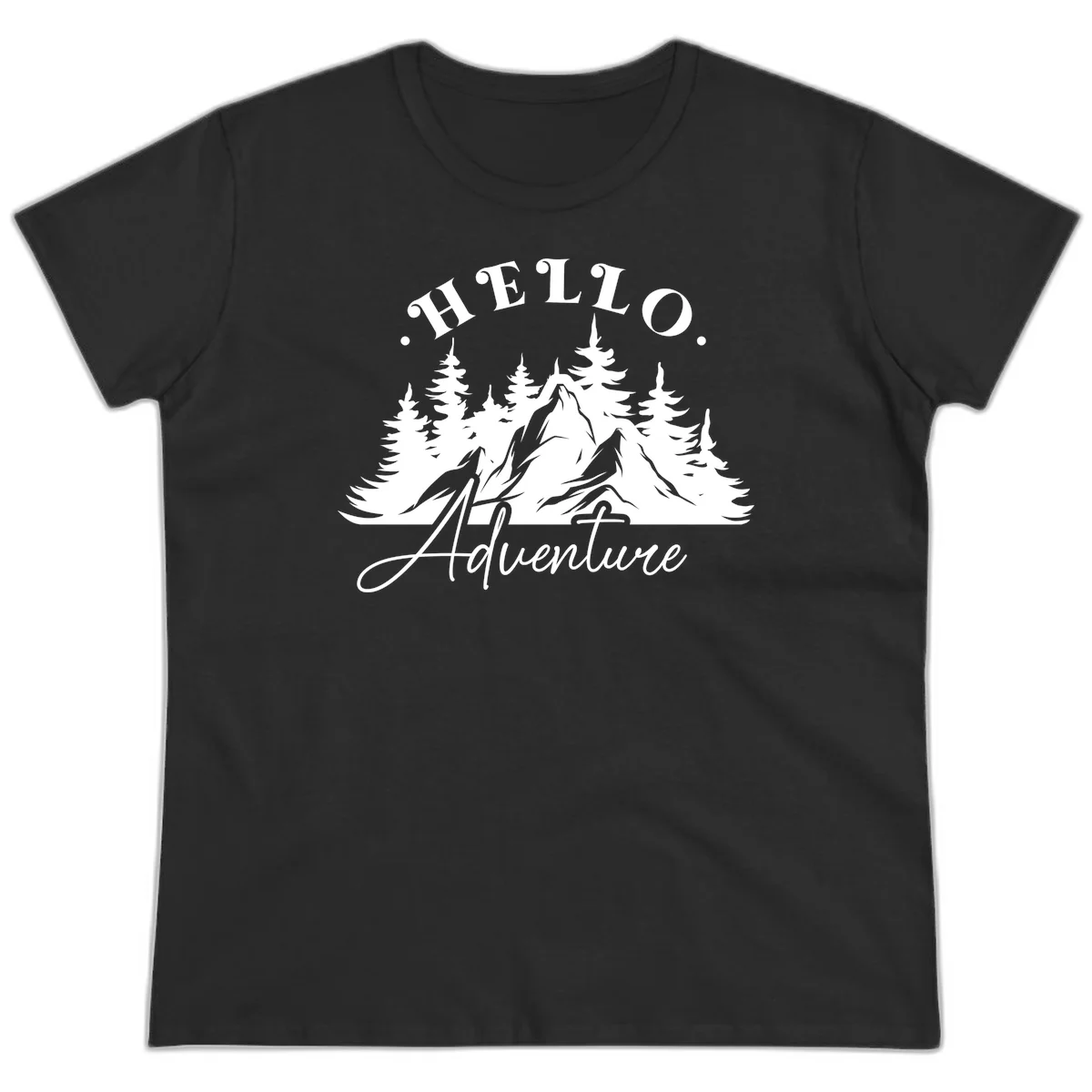 Hello adventure mountain design featuring snow-capped peak and evergreen forest silhouette in white and gray in Black