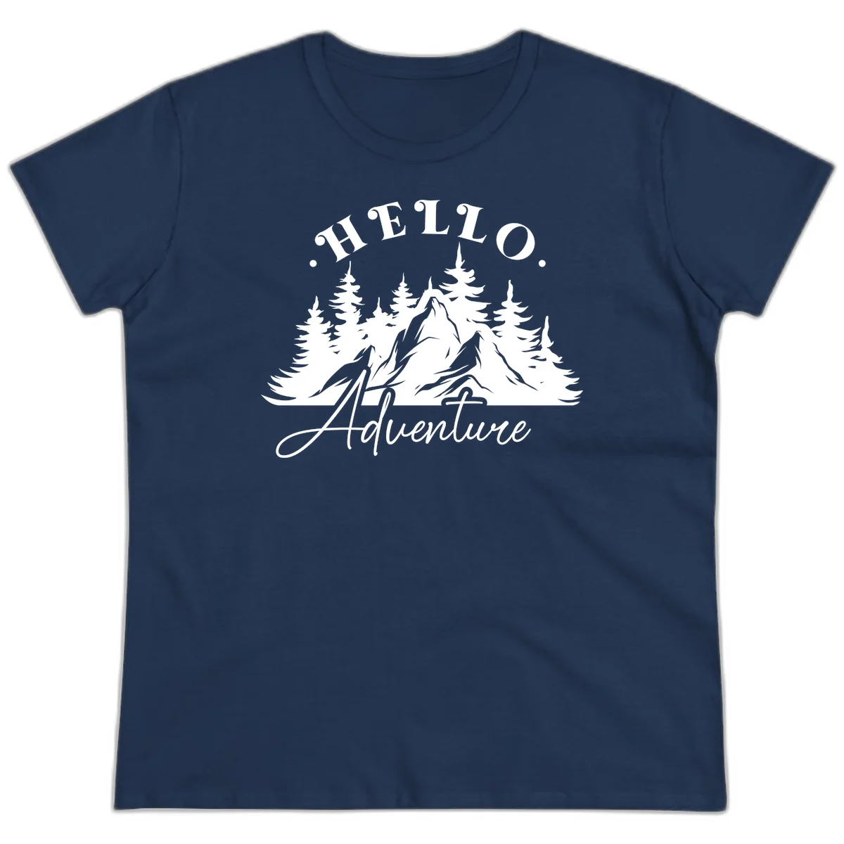 Hello adventure mountain design featuring snow-capped peak and evergreen forest silhouette in white and gray in Navy