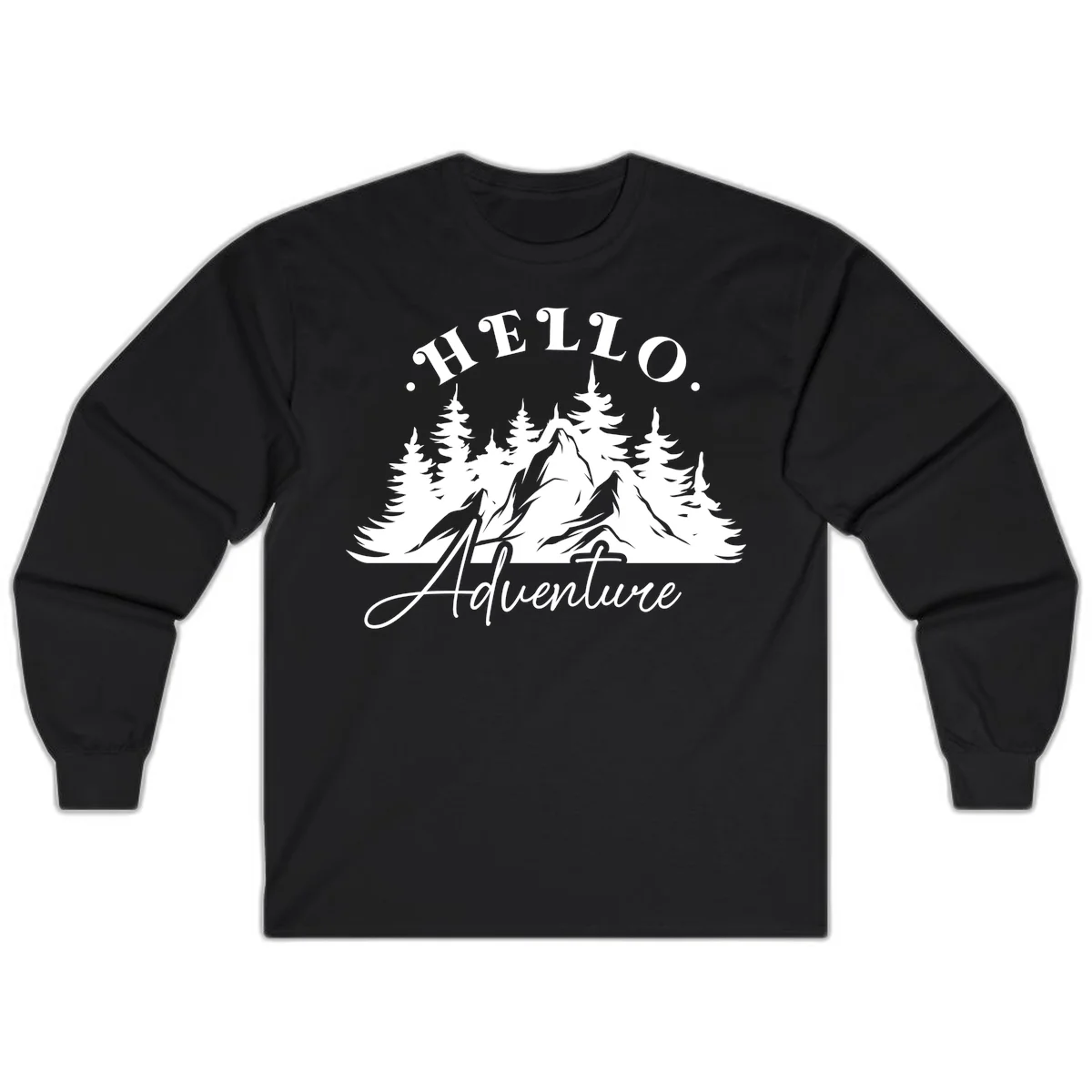 Hello adventure mountain design featuring snow-capped peak and evergreen forest silhouette in white and gray in Black