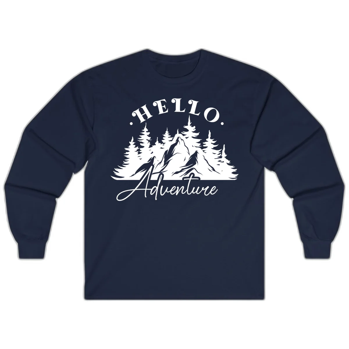 Hello adventure mountain design featuring snow-capped peak and evergreen forest silhouette in white and gray in Navy