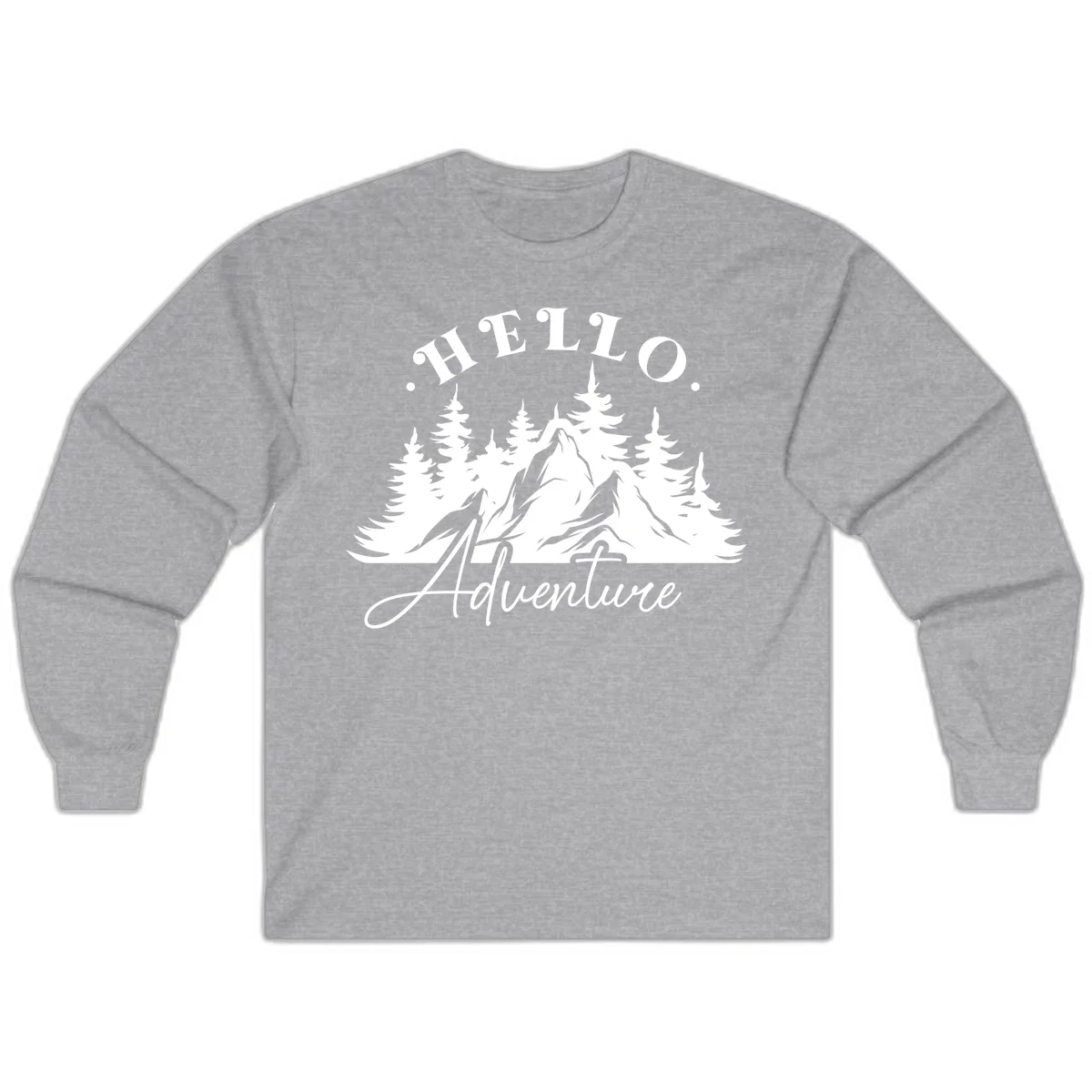 Hello adventure mountain design featuring snow-capped peak and evergreen forest silhouette in white and gray in Sport Grey