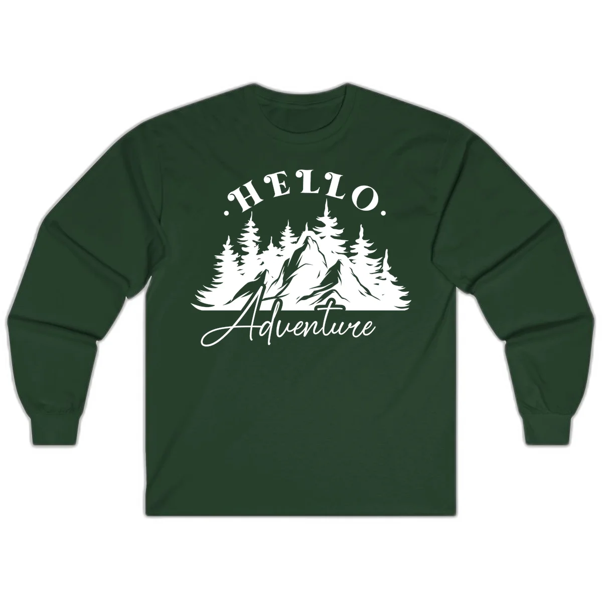 Hello adventure mountain design featuring snow-capped peak and evergreen forest silhouette in white and gray in Forest Green