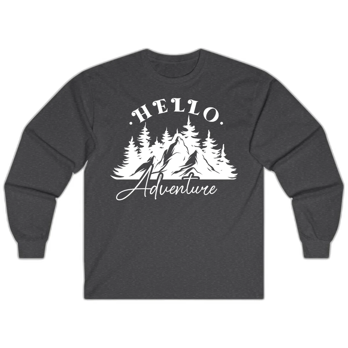Hello adventure mountain design featuring snow-capped peak and evergreen forest silhouette in white and gray in Dark Heather