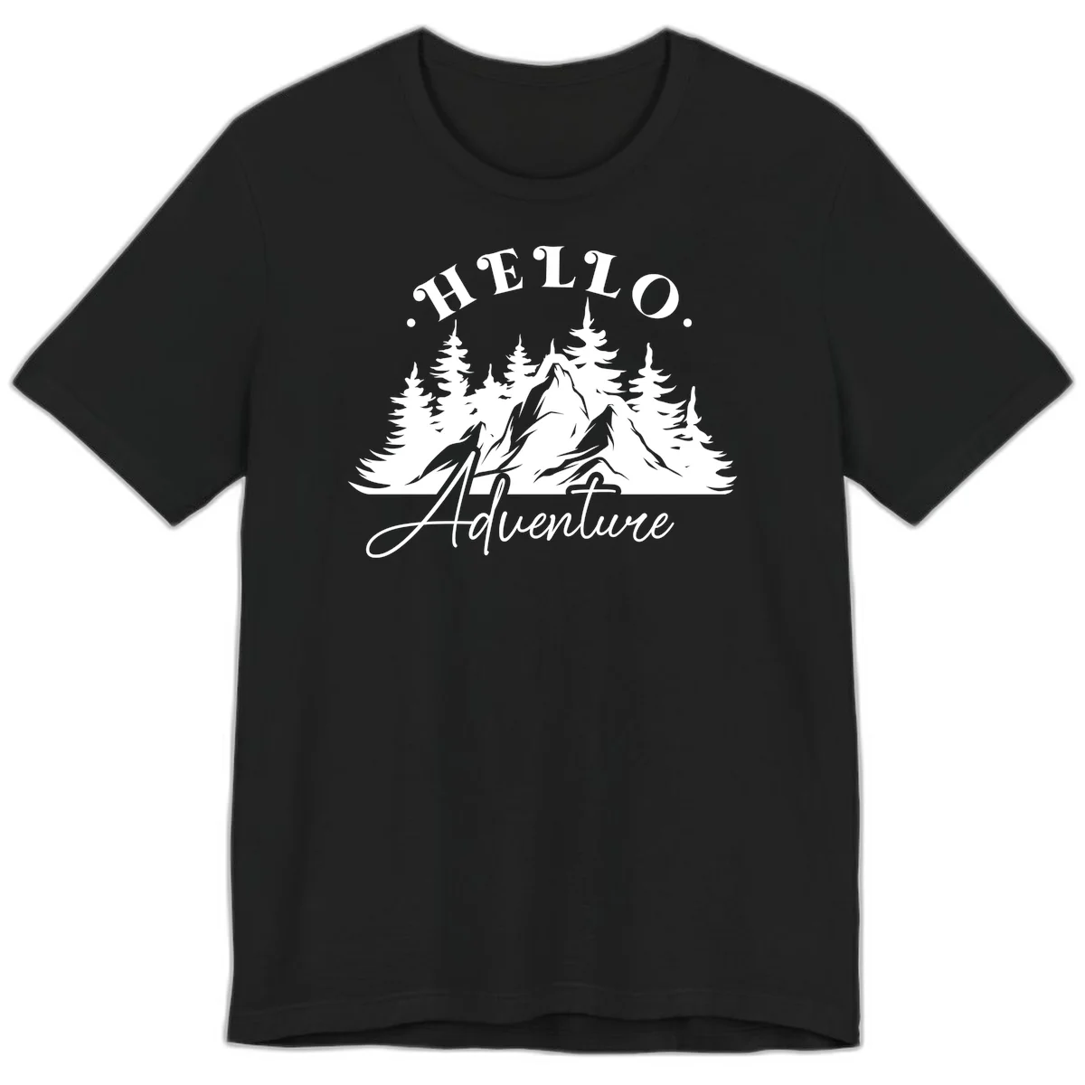 Hello adventure mountain design featuring snow-capped peak and evergreen forest silhouette in white and gray in Black