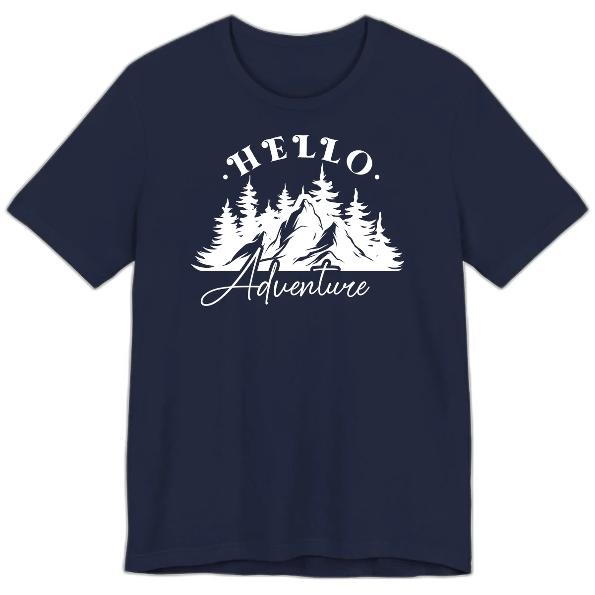 Hello adventure mountain design featuring snow-capped peak and evergreen forest silhouette in white and gray in Navy