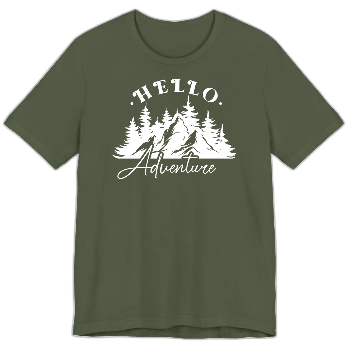 Hello adventure mountain design featuring snow-capped peak and evergreen forest silhouette in white and gray in Military Green