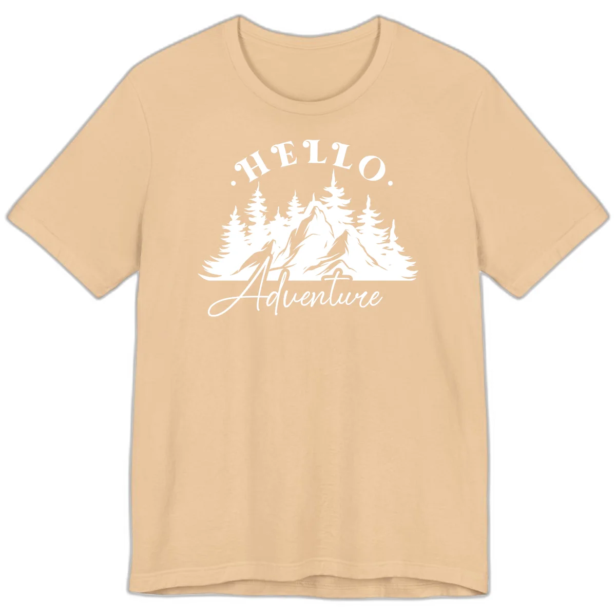 Hello adventure mountain design featuring snow-capped peak and evergreen forest silhouette in white and gray in Sand Dune