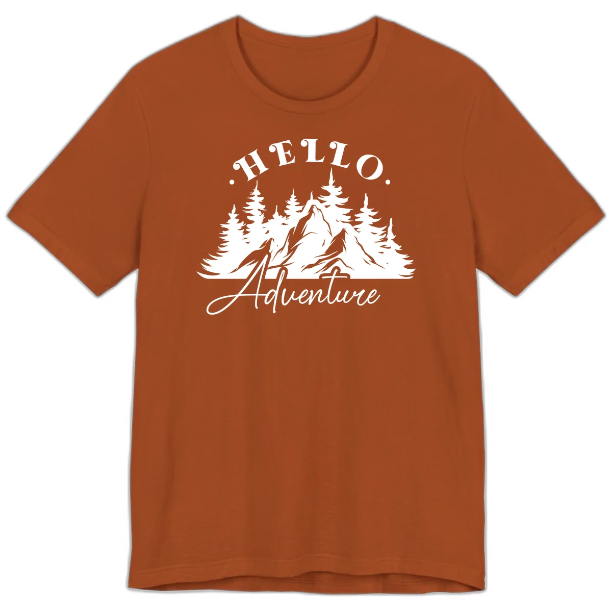 Hello adventure mountain design featuring snow-capped peak and evergreen forest silhouette in white and gray in Autumn