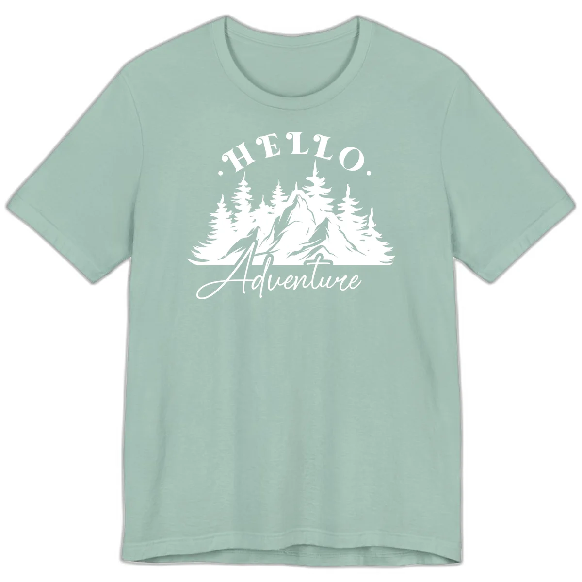 Hello adventure mountain design featuring snow-capped peak and evergreen forest silhouette in white and gray in Dusty Blue