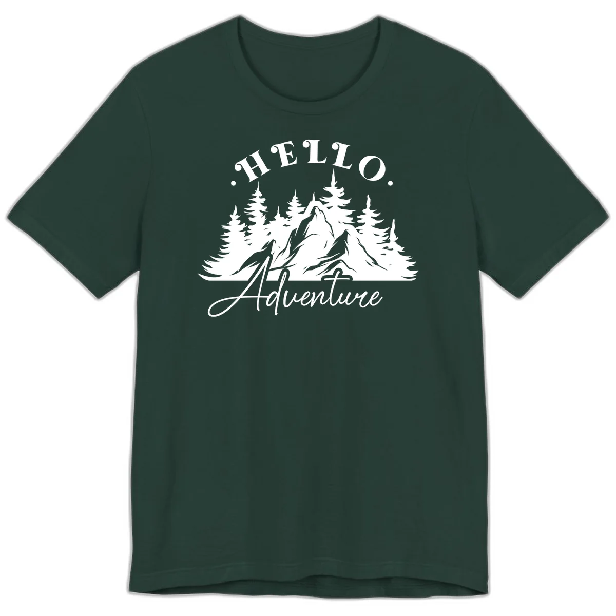 Hello adventure mountain design featuring snow-capped peak and evergreen forest silhouette in white and gray in Forest