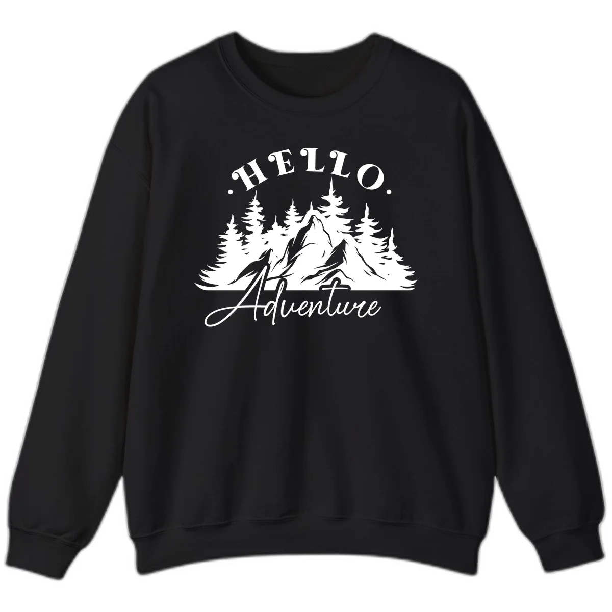 Hello adventure mountain design featuring snow-capped peak and evergreen forest silhouette in white and gray in Black