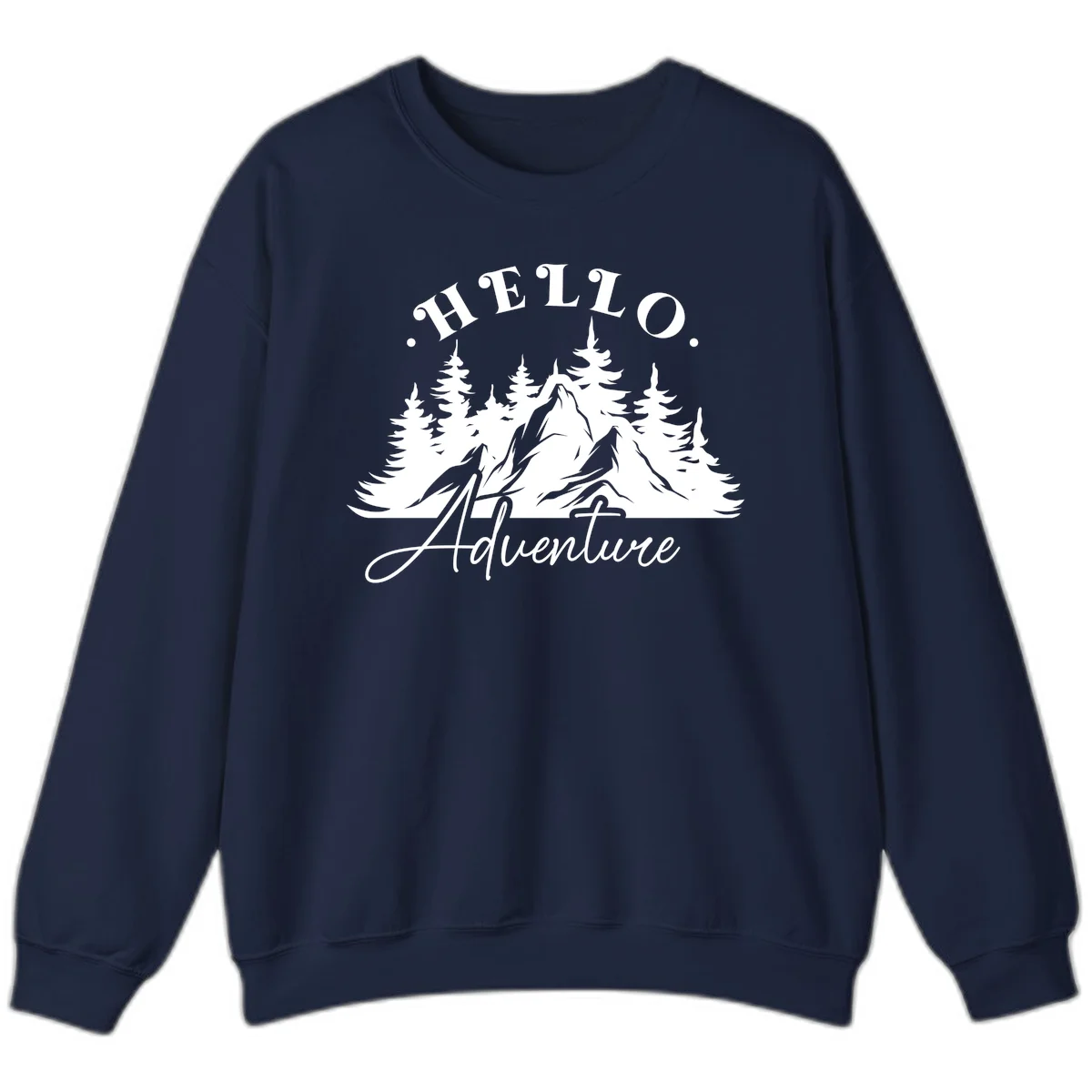 Hello adventure mountain design featuring snow-capped peak and evergreen forest silhouette in white and gray in Navy