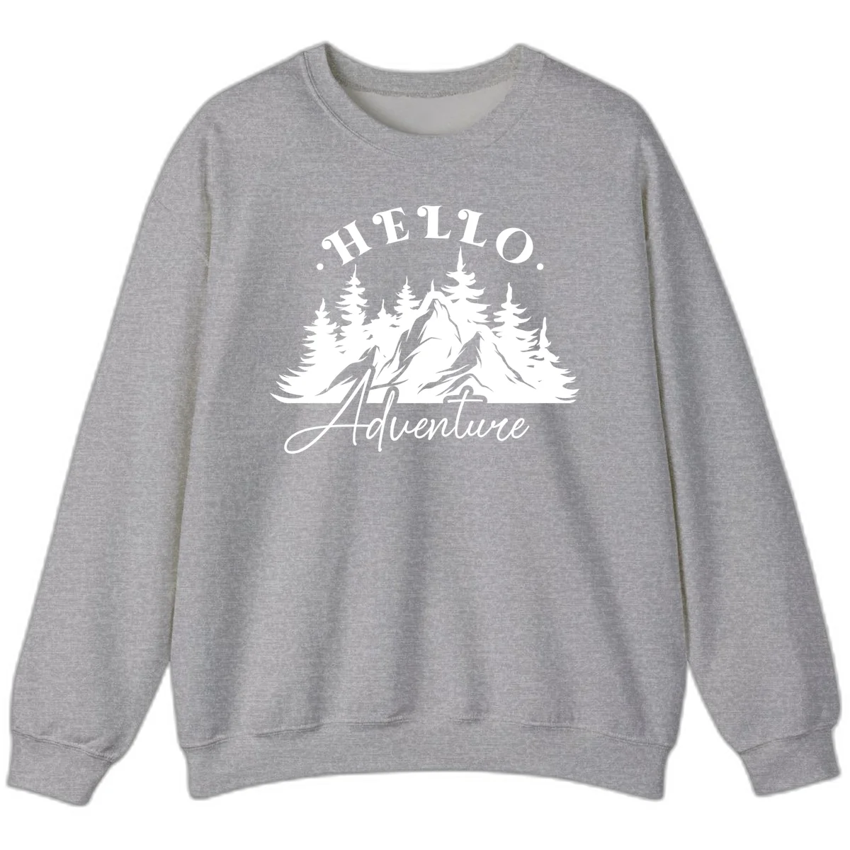Hello adventure mountain design featuring snow-capped peak and evergreen forest silhouette in white and gray in Sport Grey