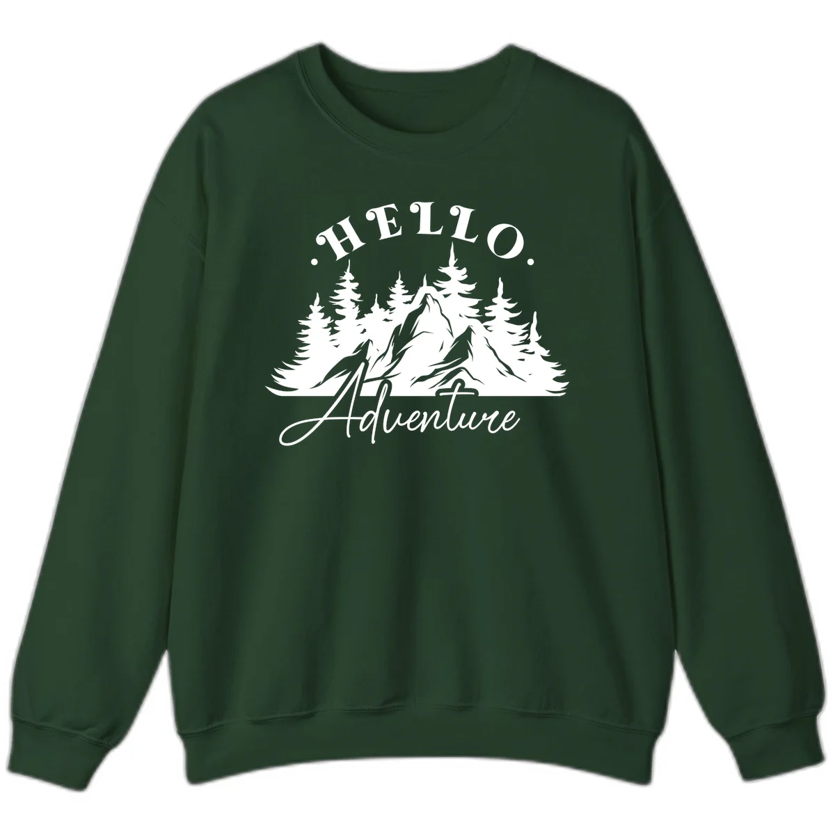 Hello adventure mountain design featuring snow-capped peak and evergreen forest silhouette in white and gray in Forest Green