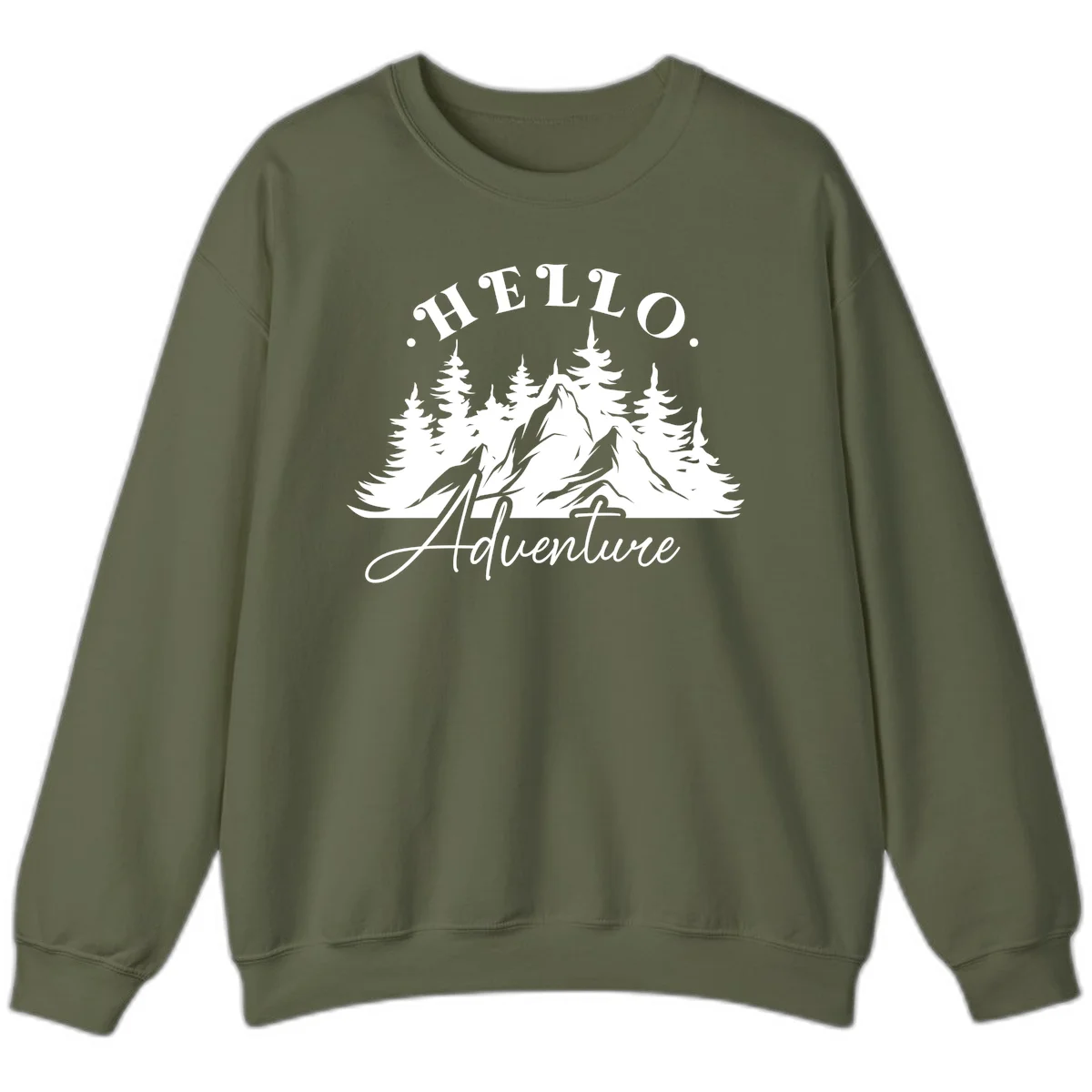 Hello adventure mountain design featuring snow-capped peak and evergreen forest silhouette in white and gray in Military Green