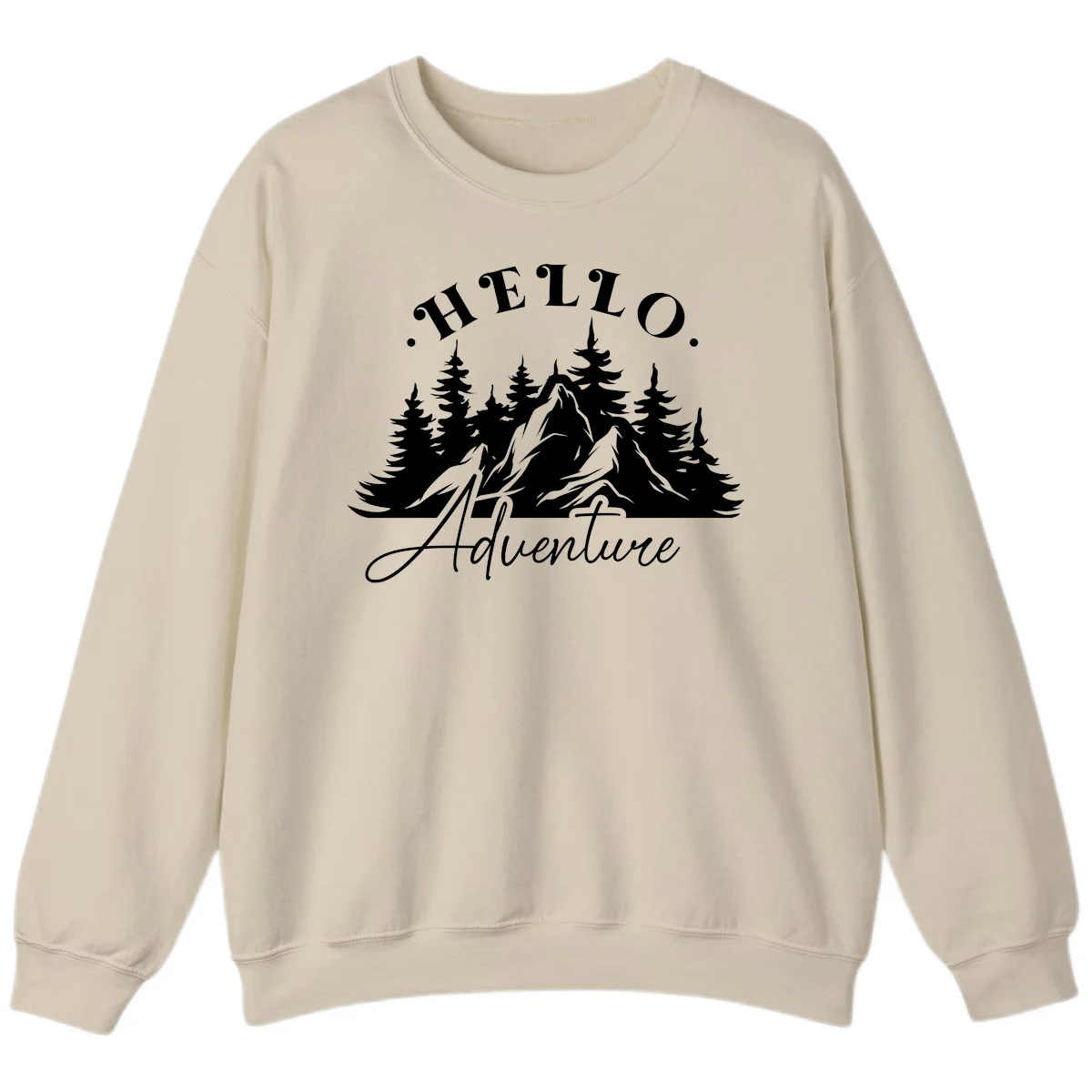 Hello adventure mountain design featuring snow-capped peak and evergreen forest silhouette in white and gray in Sand
