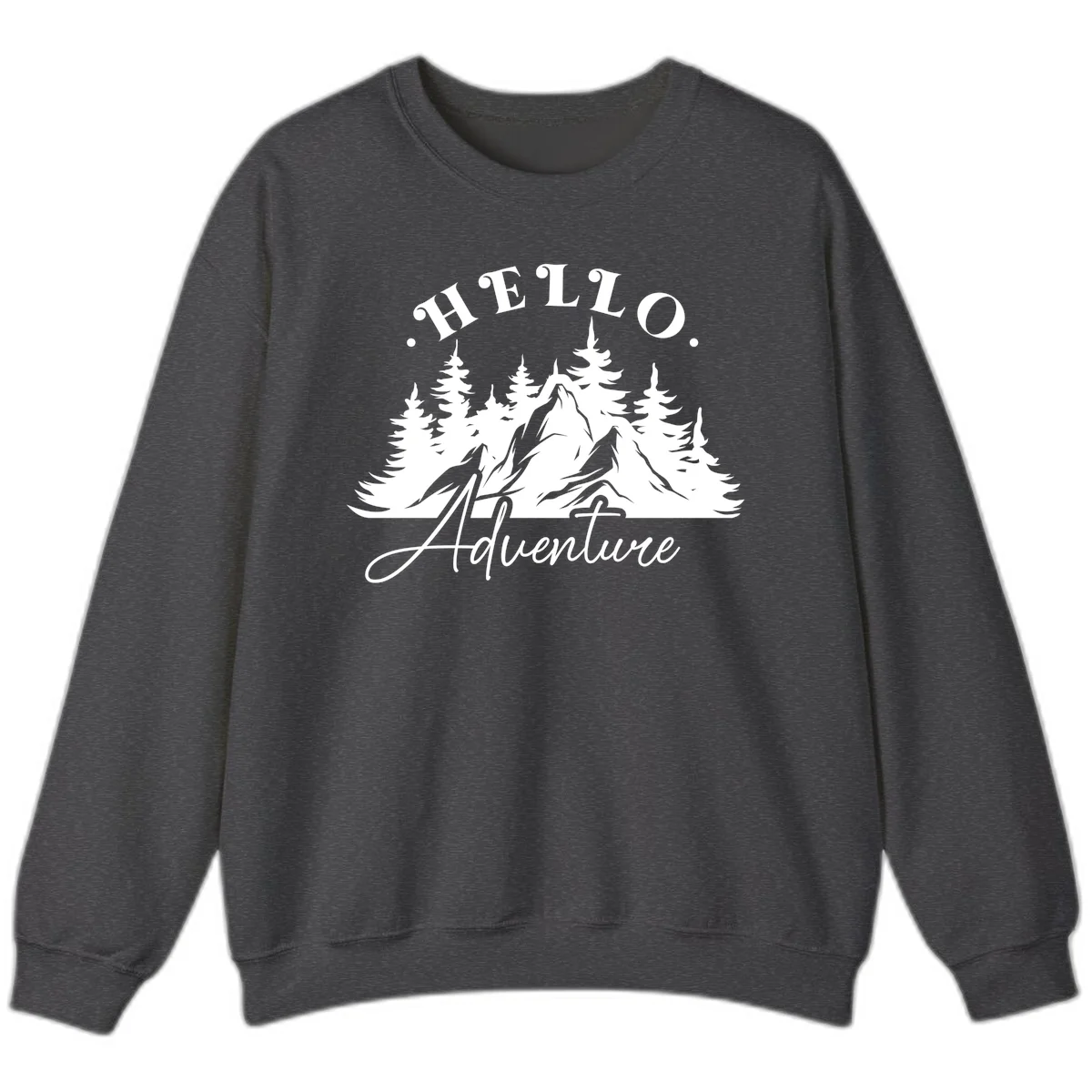 Hello adventure mountain design featuring snow-capped peak and evergreen forest silhouette in white and gray in Dark Heather