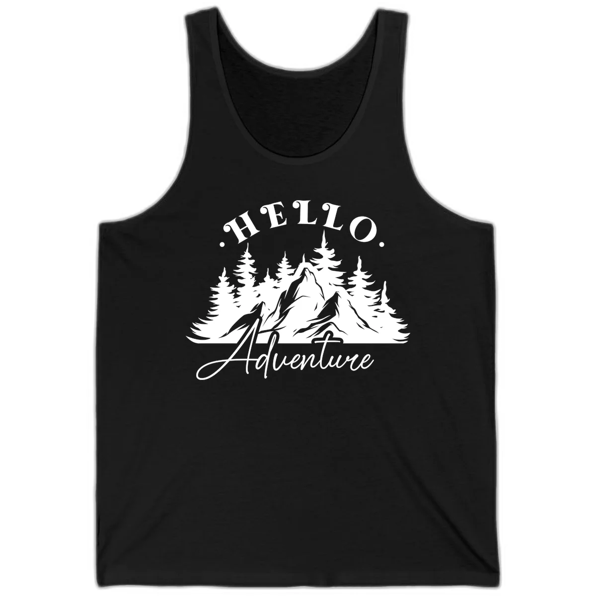 Hello adventure mountain design featuring snow-capped peak and evergreen forest silhouette in white and gray in Black