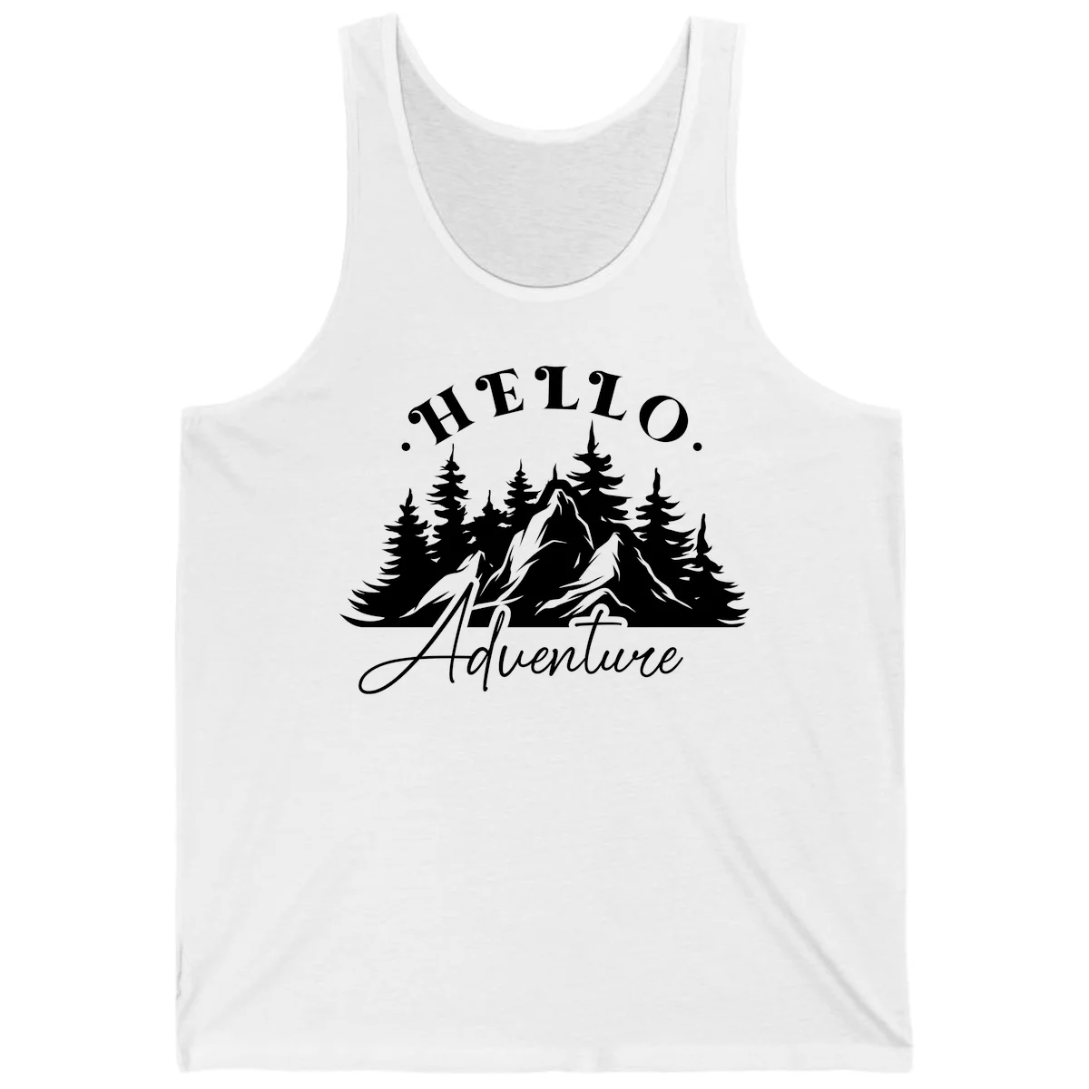 Hello adventure mountain design featuring snow-capped peak and evergreen forest silhouette in white and gray in White