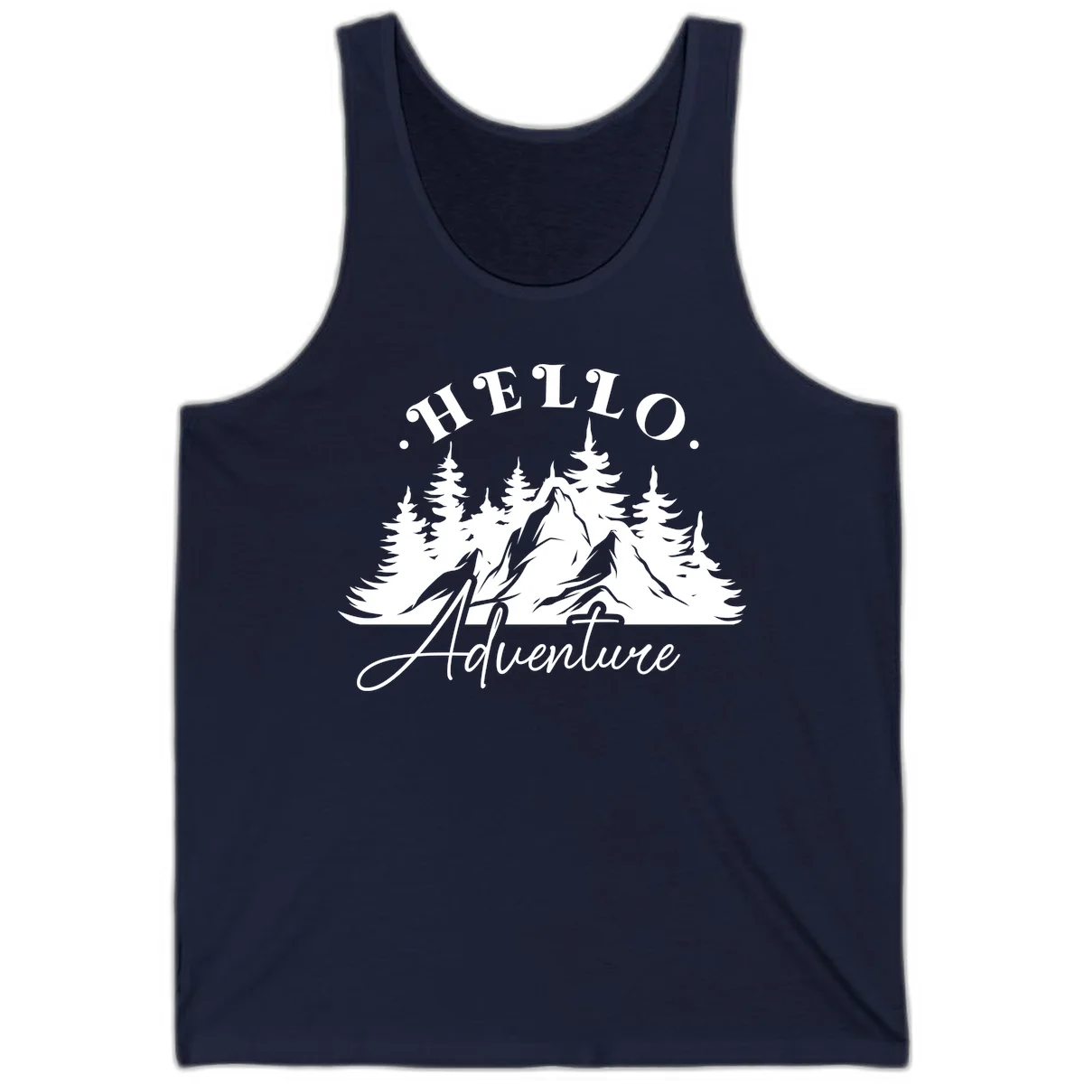 Hello adventure mountain design featuring snow-capped peak and evergreen forest silhouette in white and gray in Navy