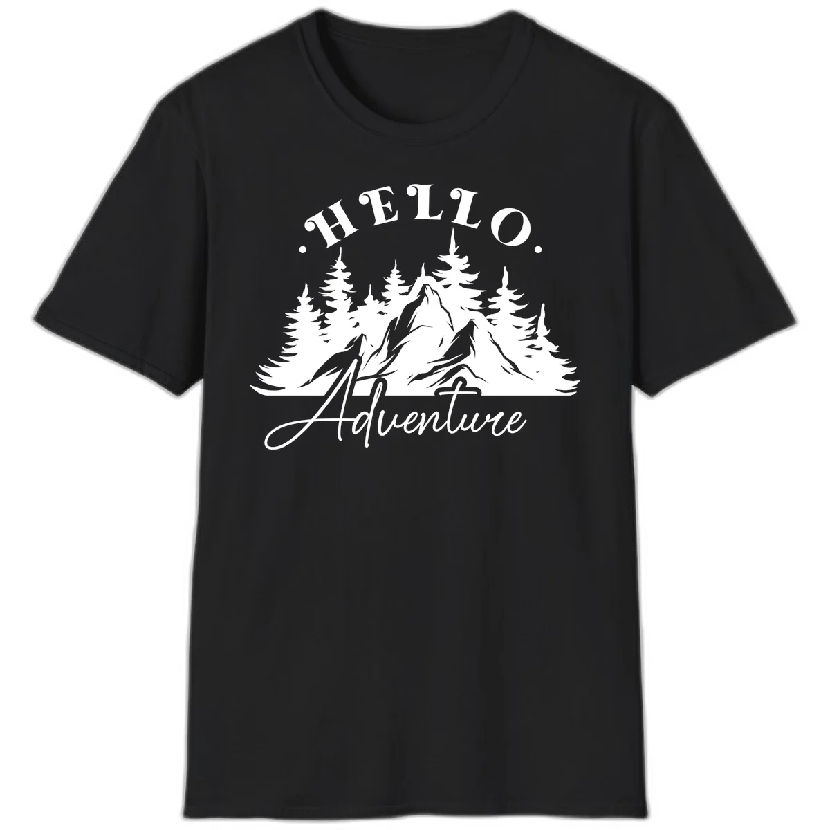 Hello adventure mountain design featuring snow-capped peak and evergreen forest silhouette in white and gray in Black