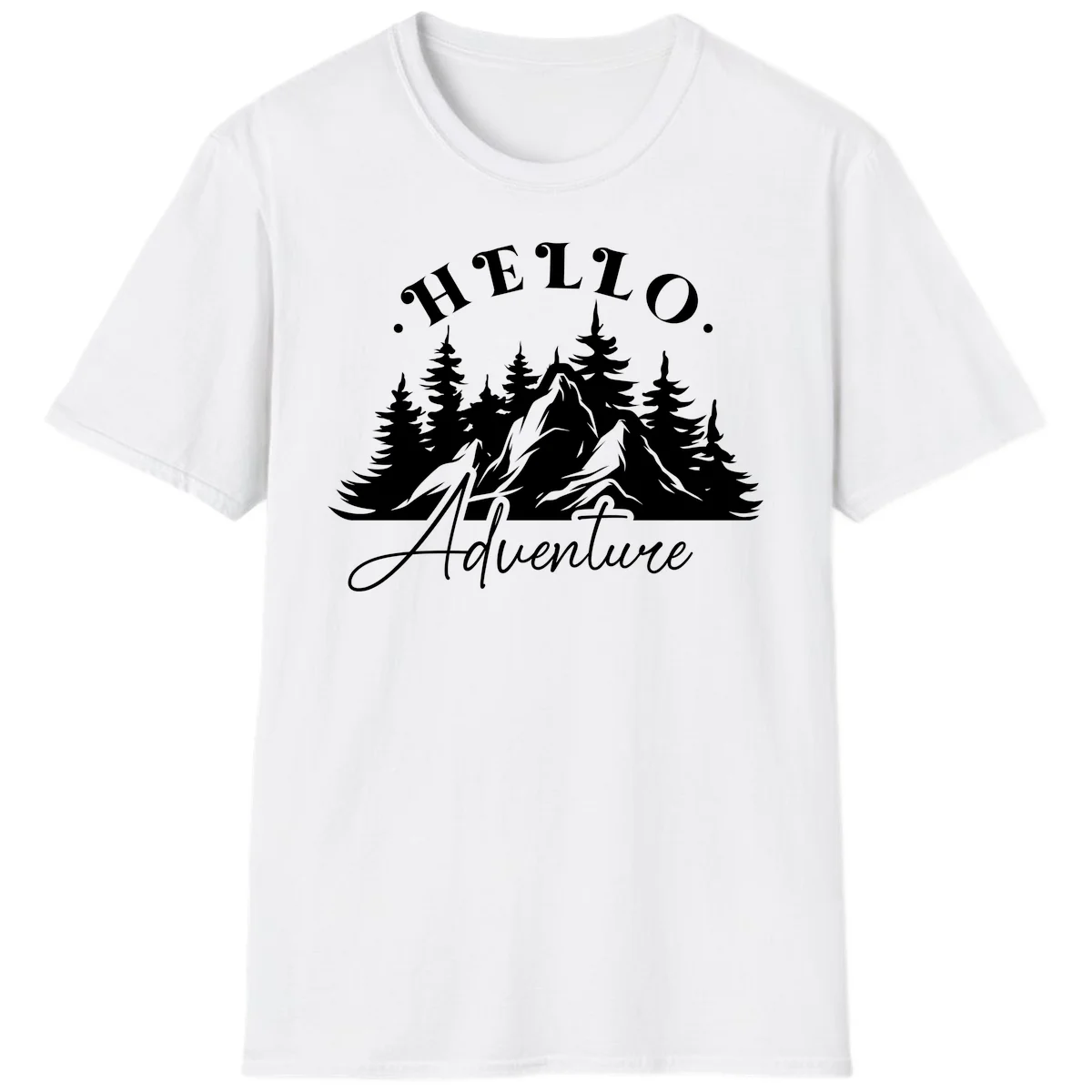 Hello adventure mountain design featuring snow-capped peak and evergreen forest silhouette in white and gray in White