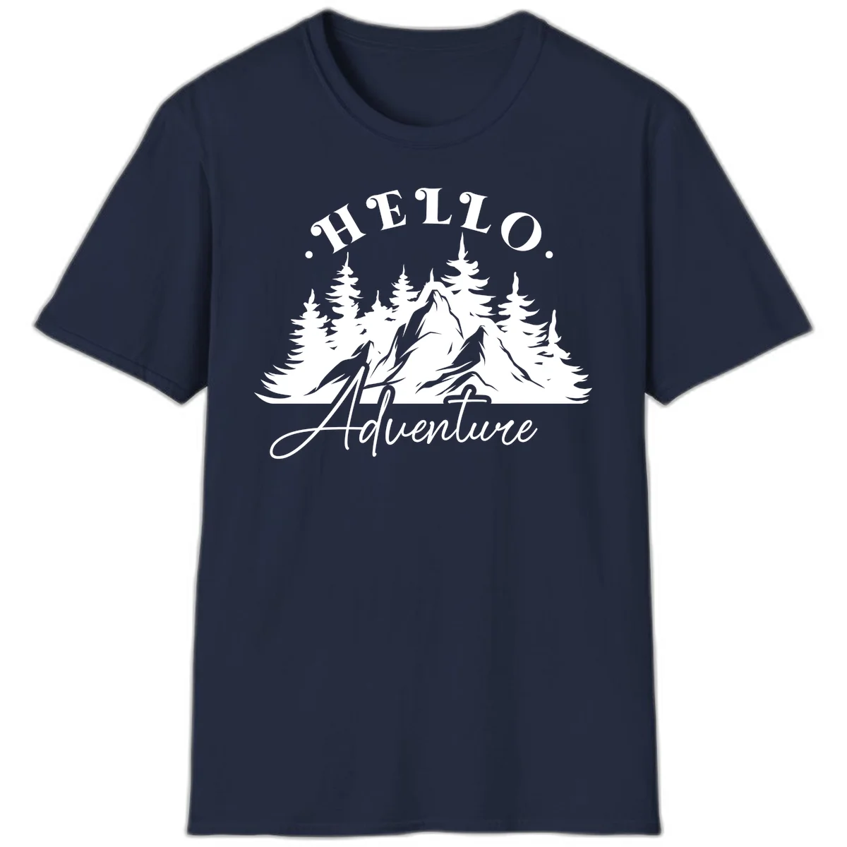 Hello adventure mountain design featuring snow-capped peak and evergreen forest silhouette in white and gray in Navy
