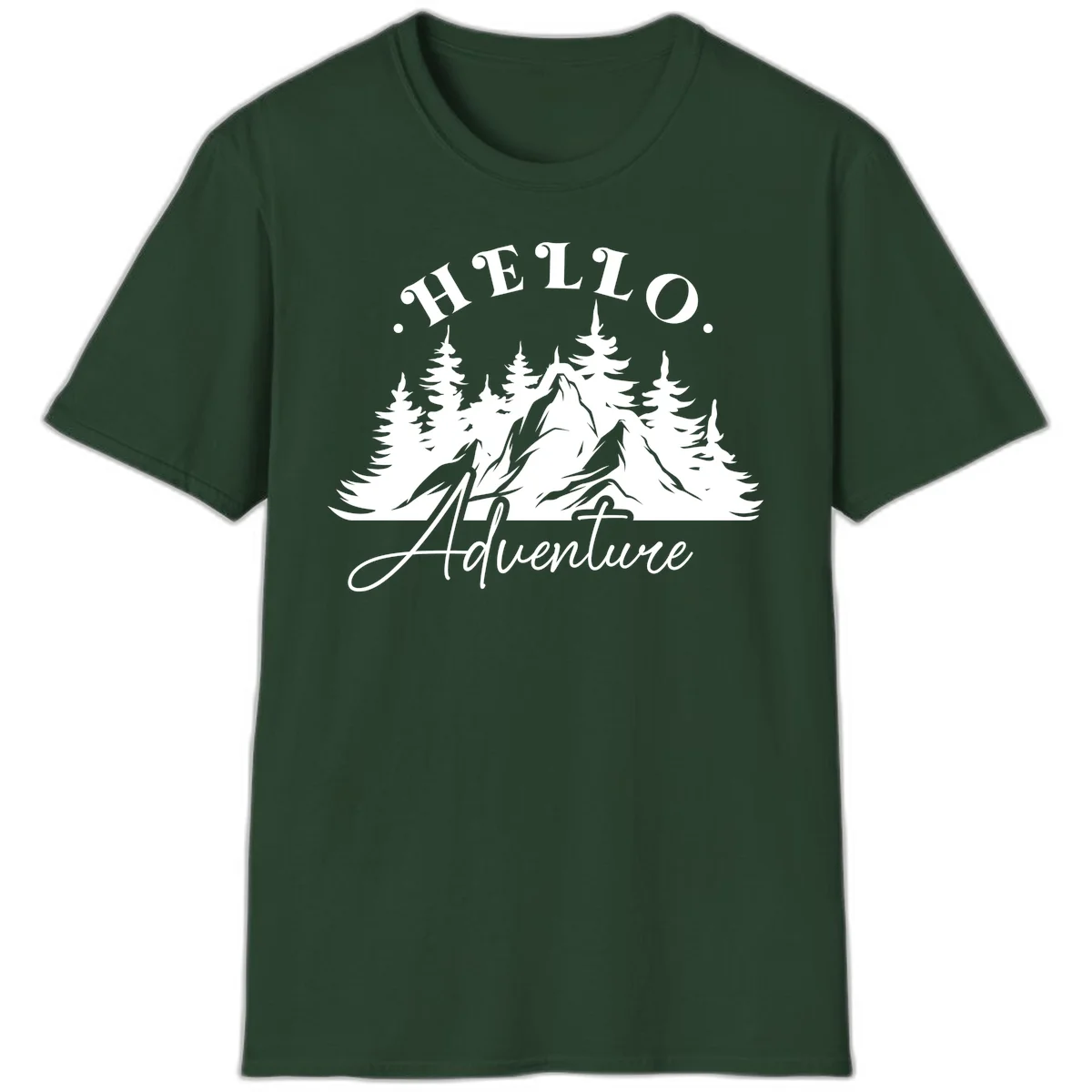 Hello adventure mountain design featuring snow-capped peak and evergreen forest silhouette in white and gray in Forest Green