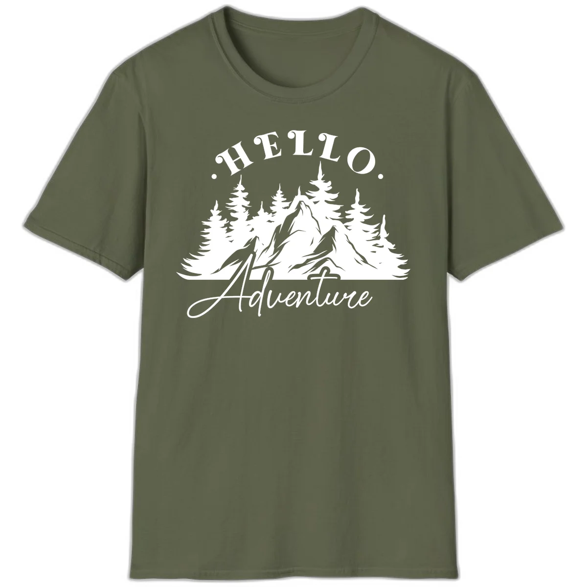 Hello adventure mountain design featuring snow-capped peak and evergreen forest silhouette in white and gray in Military Green