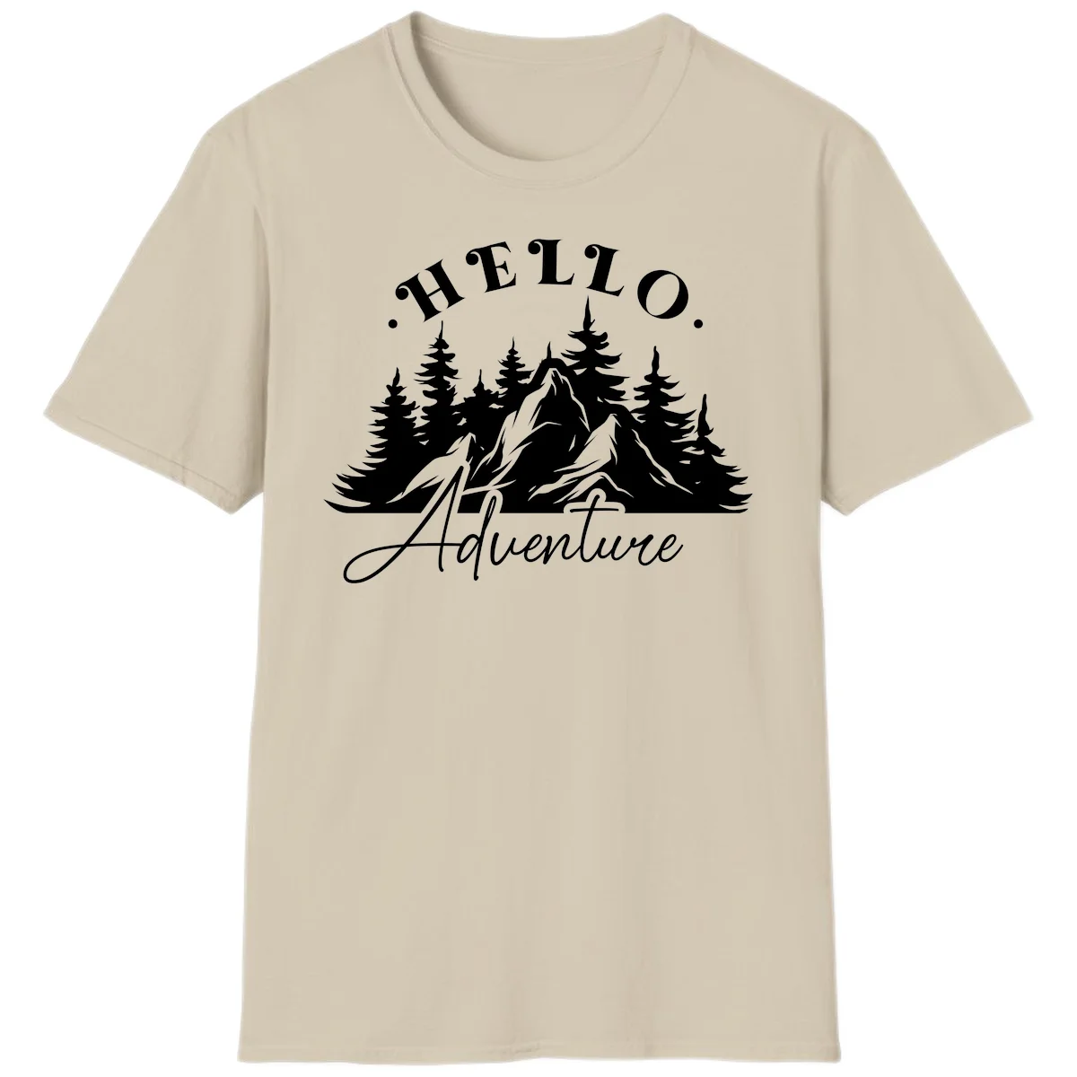 Hello adventure mountain design featuring snow-capped peak and evergreen forest silhouette in white and gray in Sand