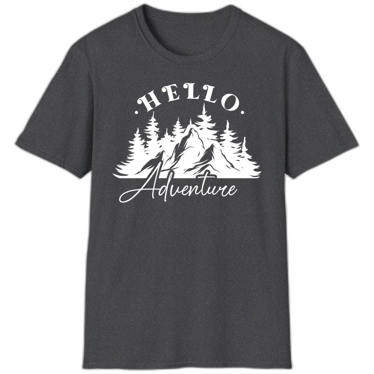 Hello adventure mountain design featuring snow-capped peak and evergreen forest silhouette in white and gray in Dark Heather