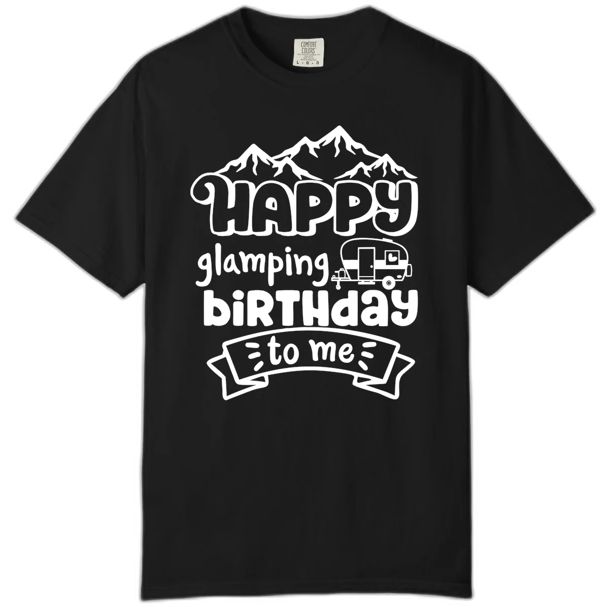 Happy glamping birthday design with snow mountains, vintage trailer, and bold retro lettering celebrating a birthday camping adventure in Black