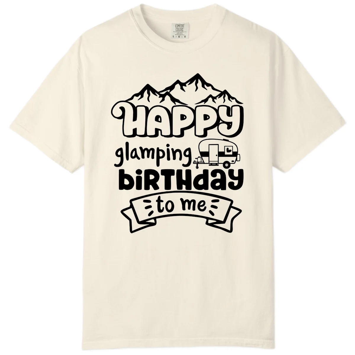 Happy glamping birthday design with snow mountains, vintage trailer, and bold retro lettering celebrating a birthday camping adventure in Ivory