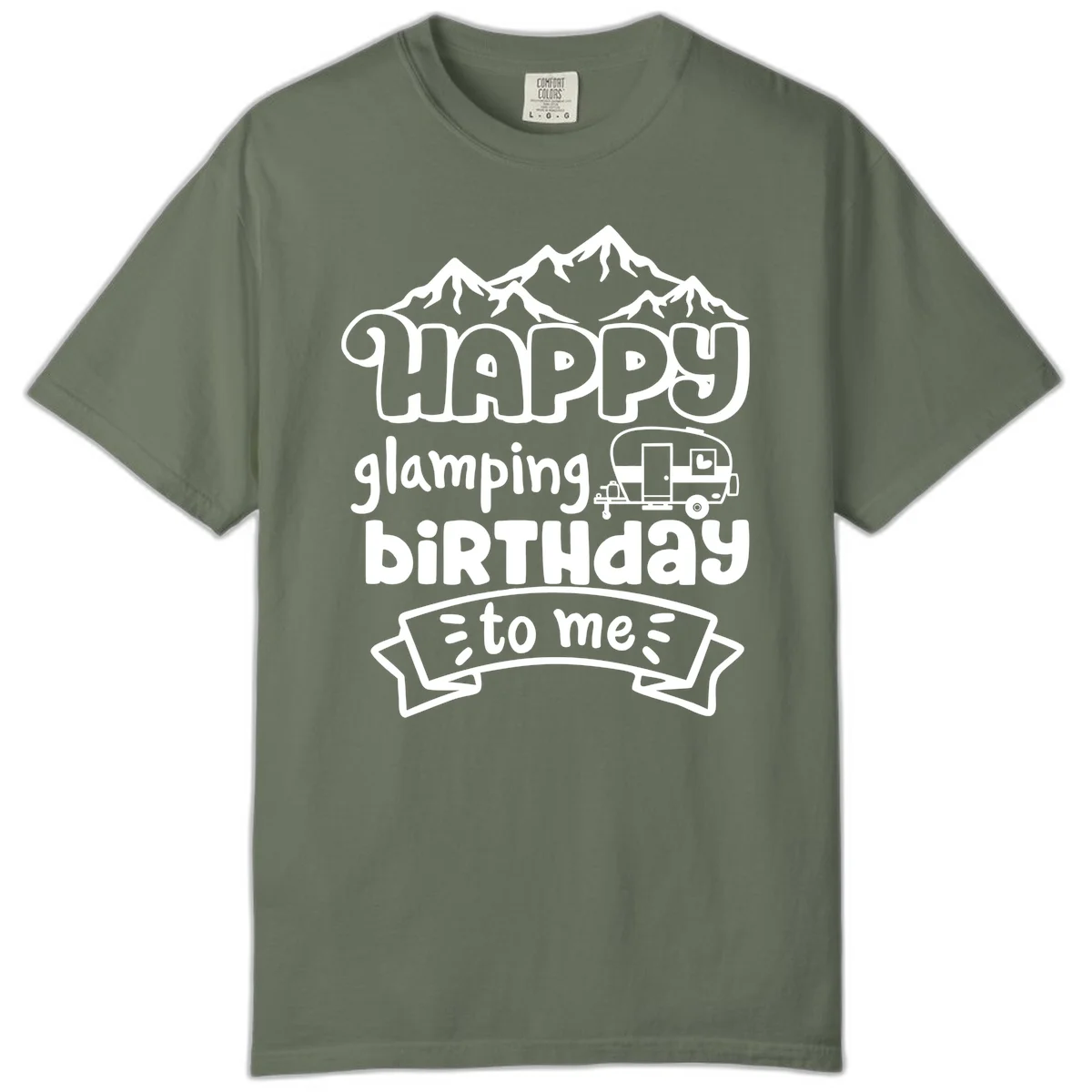 Happy glamping birthday design with snow mountains, vintage trailer, and bold retro lettering celebrating a birthday camping adventure in Moss