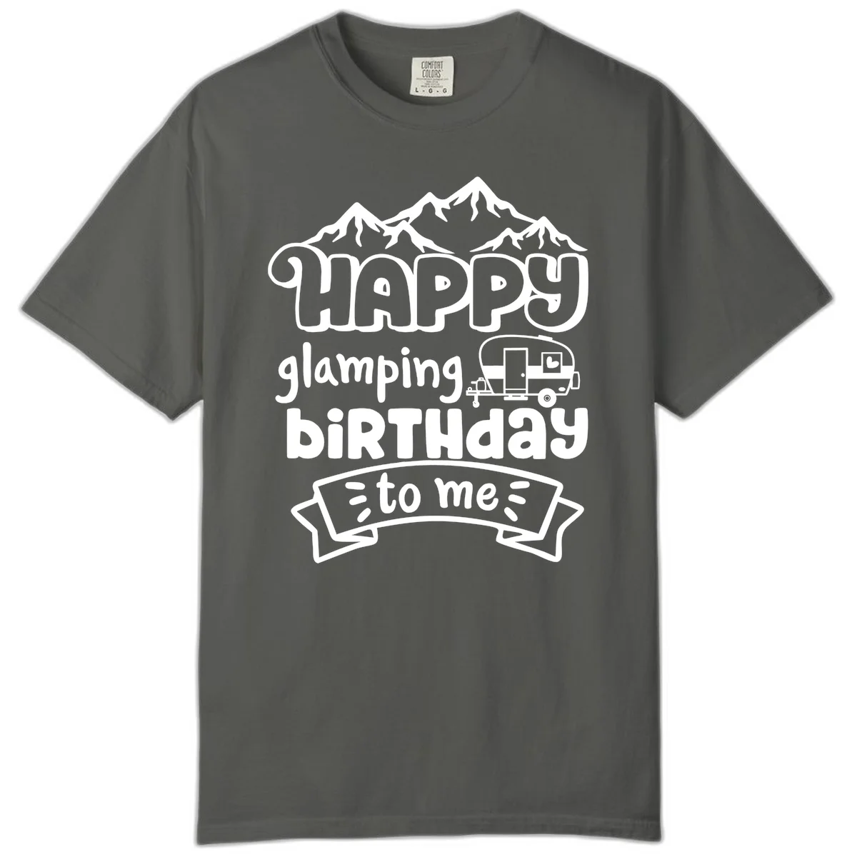 Happy glamping birthday design with snow mountains, vintage trailer, and bold retro lettering celebrating a birthday camping adventure in Pepper