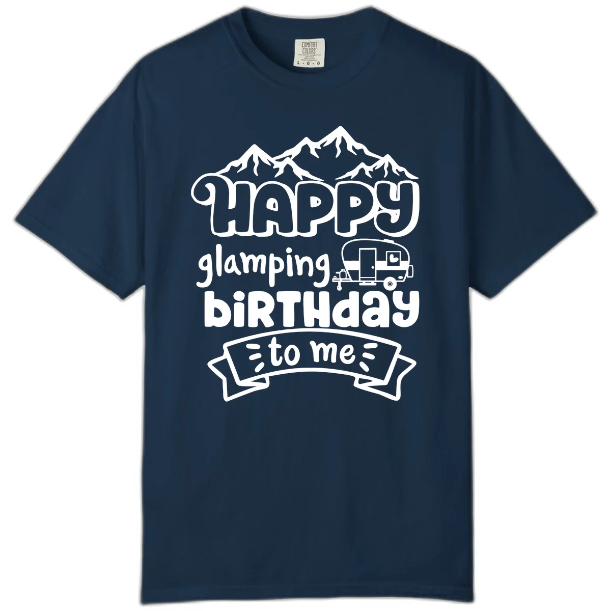 Happy glamping birthday design with snow mountains, vintage trailer, and bold retro lettering celebrating a birthday camping adventure in True Navy