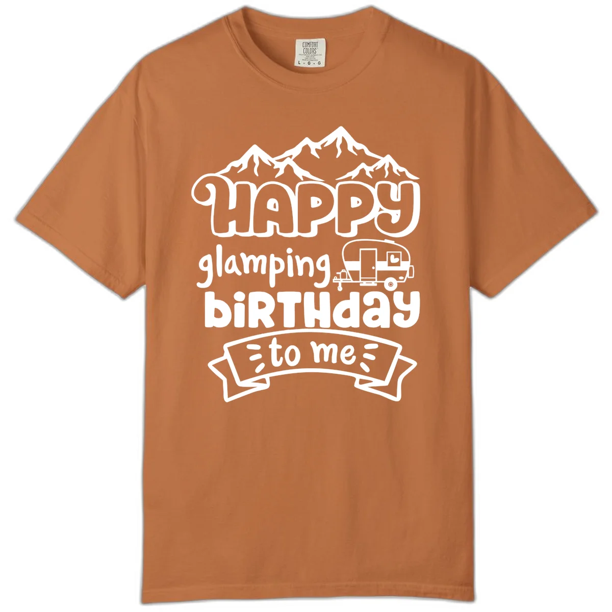 Happy glamping birthday design with snow mountains, vintage trailer, and bold retro lettering celebrating a birthday camping adventure in Yam