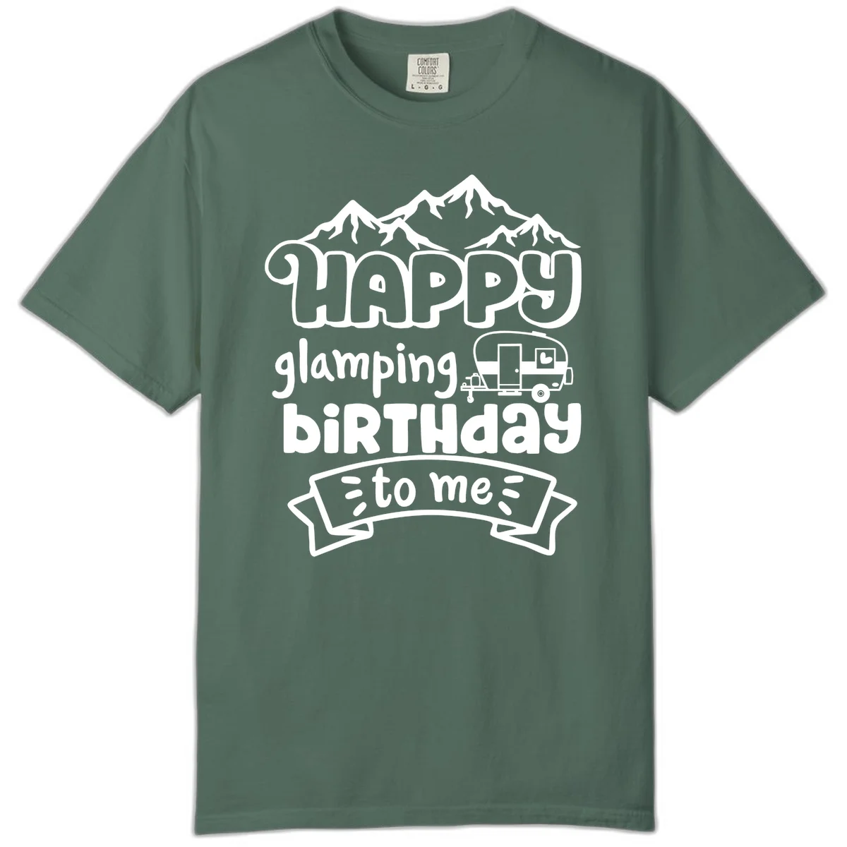 Happy glamping birthday design with snow mountains, vintage trailer, and bold retro lettering celebrating a birthday camping adventure in Blue Spruce