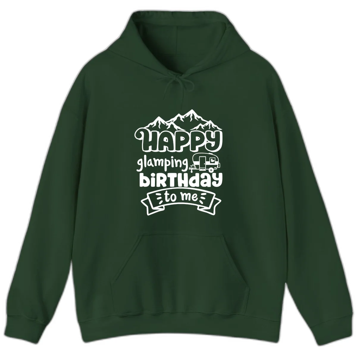 Happy glamping birthday design with snow mountains, vintage trailer, and bold retro lettering celebrating a birthday camping adventure in Forest Green