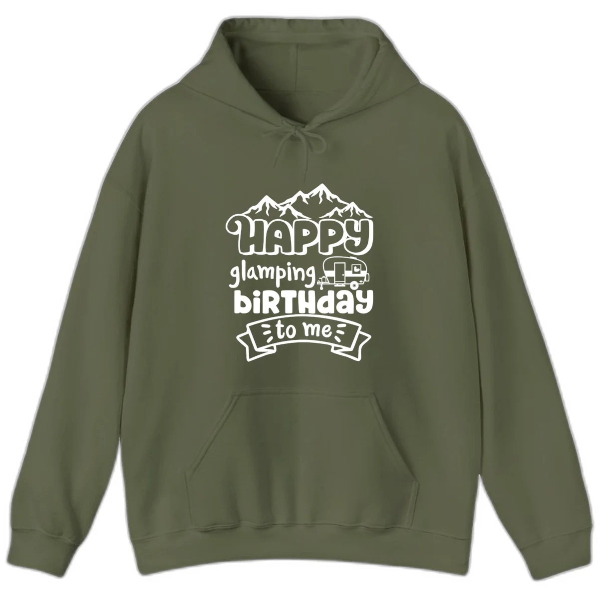 Happy glamping birthday design with snow mountains, vintage trailer, and bold retro lettering celebrating a birthday camping adventure in Military Green