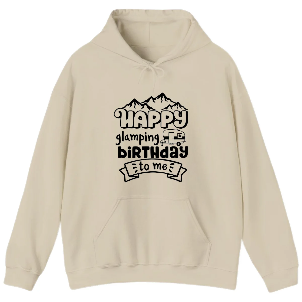 Happy glamping birthday design with snow mountains, vintage trailer, and bold retro lettering celebrating a birthday camping adventure in Sand