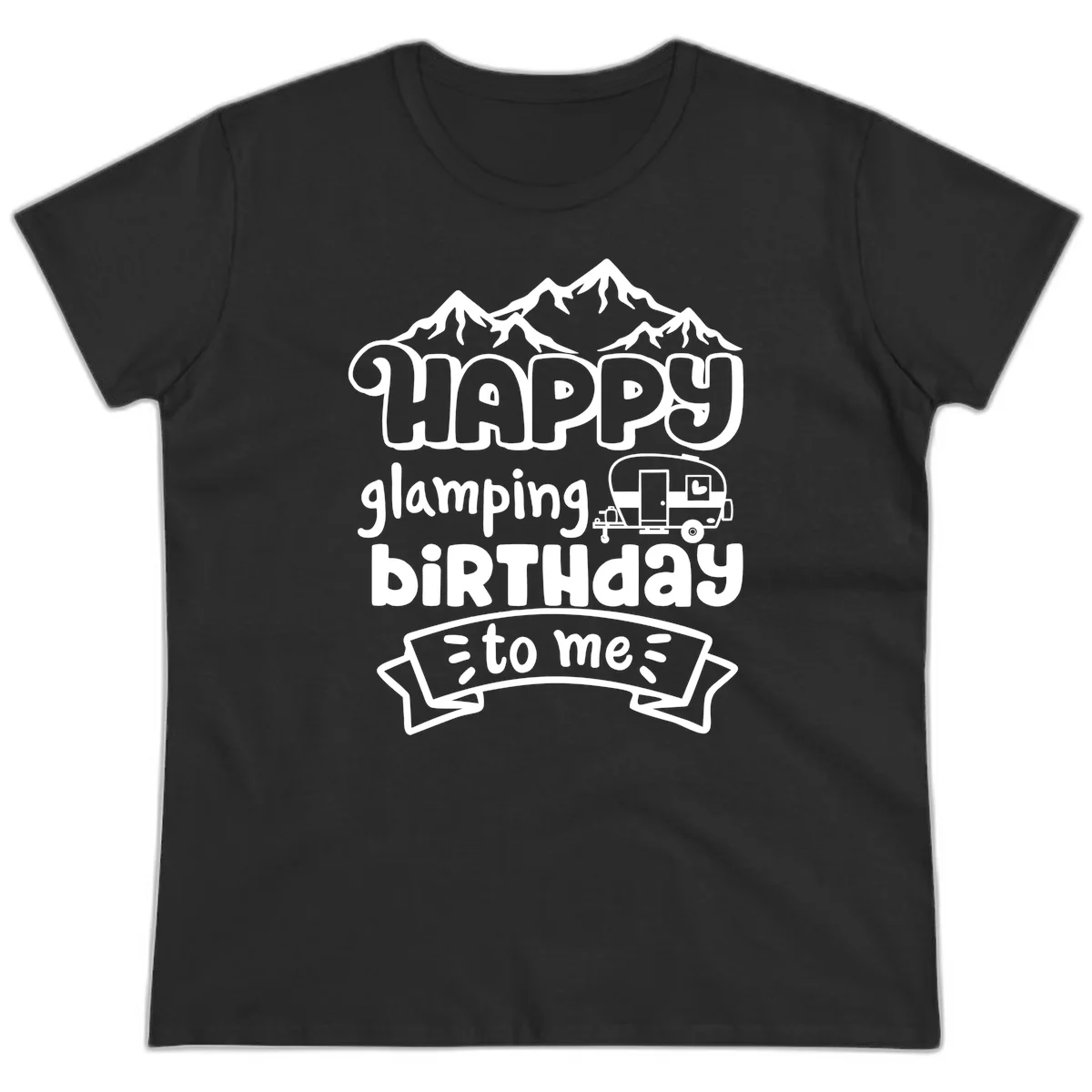 Happy glamping birthday design with snow mountains, vintage trailer, and bold retro lettering celebrating a birthday camping adventure in Black
