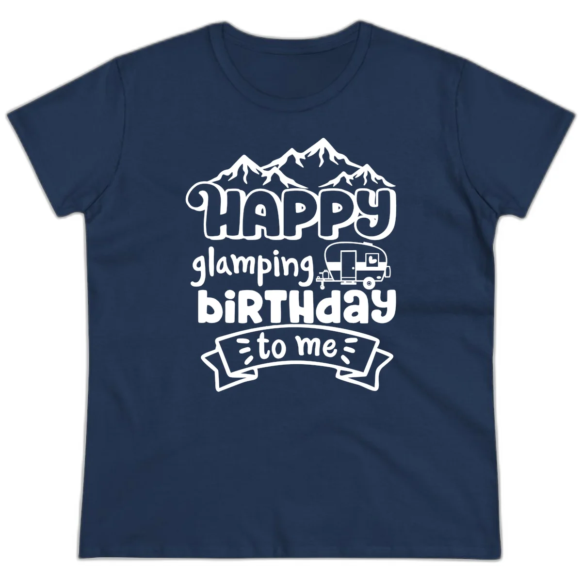 Happy glamping birthday design with snow mountains, vintage trailer, and bold retro lettering celebrating a birthday camping adventure in Navy
